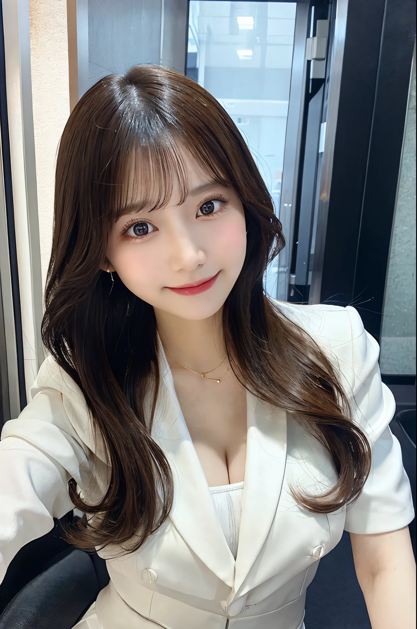 beauty secretary、office、Woman looking back、Woman looking up、(Brown Eyes、Double eyelids、Sparkling Eyes、Very beautifully detailed eyes)、White suit、White short tight skirt、Cleavage(Very large breasts、Very thin and long legs、Perfect figure、High heels、whole body、smile)、1 female、No makeup、23 years old、(masterpiece、8K,RAW Photos、High resolution:1.4)、window