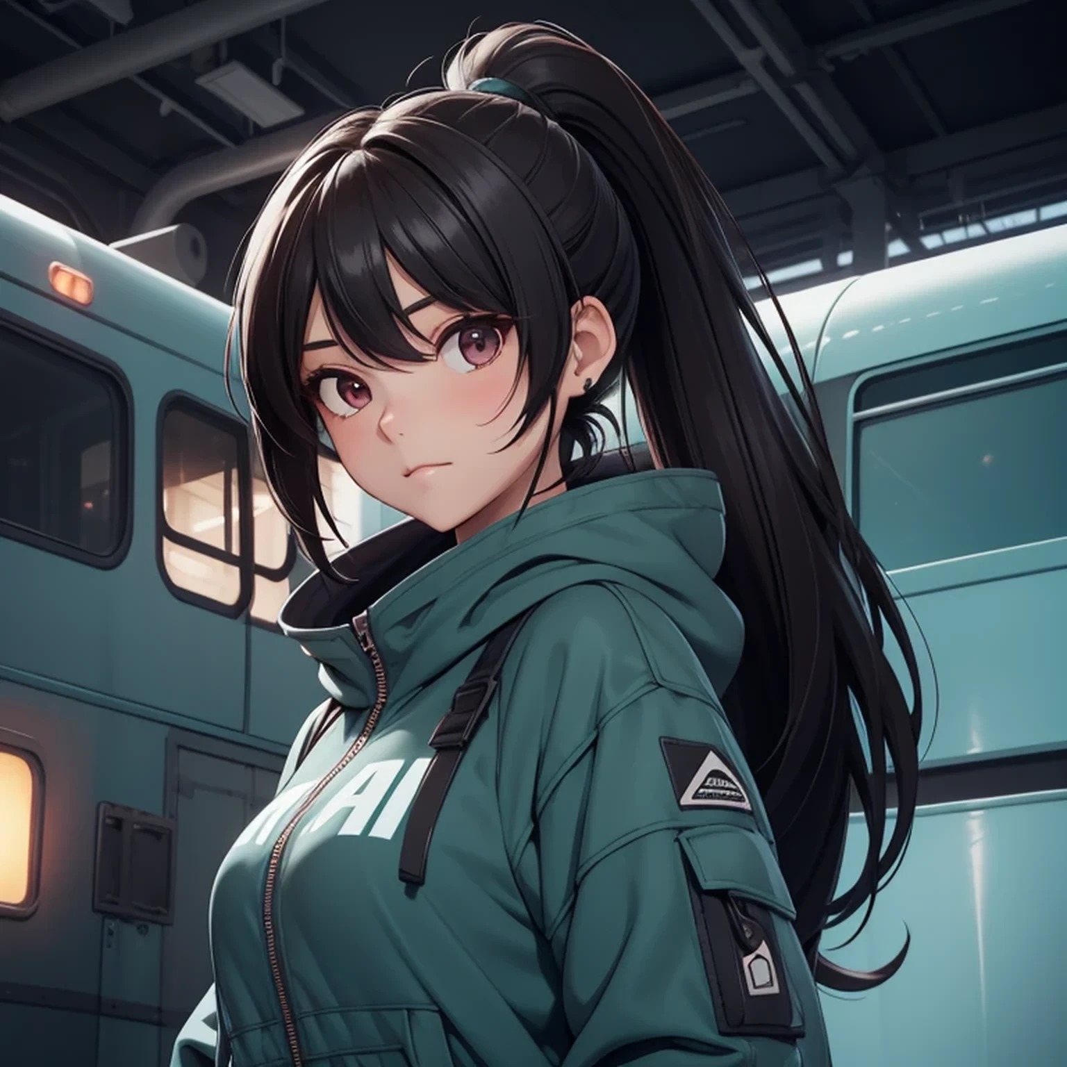 A girl, tosca hair, wave black hair, feminime, soft smile, sky hoodie jacket, glowing brown eyes, train background, wearing black headphone, full body, masker, ponytail hair, full body, medium breast, long legs, perfect body,