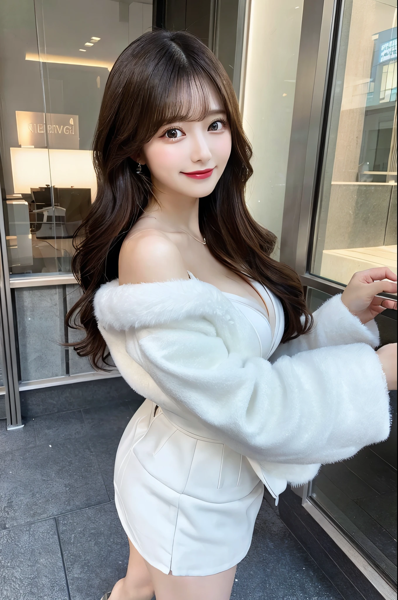 beauty secretary、office、Woman looking back、Woman looking up、Fluffy jacket、(Brown Eyes、Double eyelids、Sparkling Eyes、Very beautifully detailed eyes)、White suit、White short tight skirt、Cleavage(Very large breasts、Very thin and long legs、Perfect figure、High heels、whole body、smile)、1 female、No makeup、Age 25、(masterpiece、8K,RAW Photos、High resolution:1.4)、window