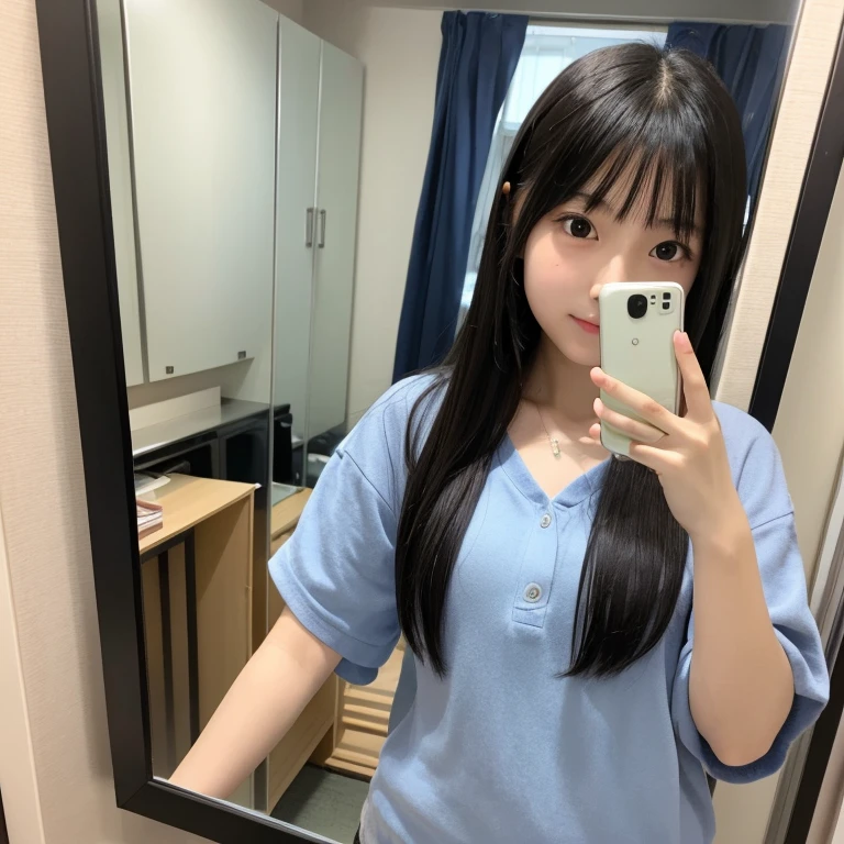 Taking a selfie in the mirror、Cute Japanese Girl, Black Hair, Moderate ,high school, High-quality photos