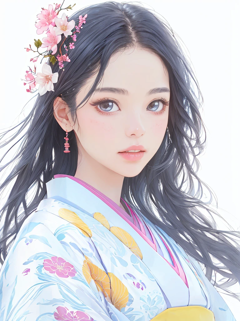 1 beautiful girl、Big round eyes、１By people、Realistic、lips、Tabletop、highest quality、Excellent anatomy、Skin Texture、White Background、Small breasts、Twelve-layered kimono、Gentle pale pink　flower、The beauty of layered colors、Glitter、Thick black hair、Long Hair、Beautiful memories、White Tone、Warm Light