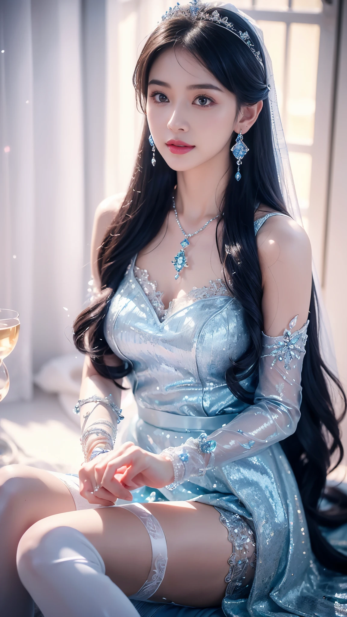 4K, UHD, masterpeice, 1 girl, good face, happy face, ((white skin)), detailed eyes, detailed lipstick, very long hair, straight hair, very long hair, beautiful hair, hair ornaments, hairband, gradient hair, ((blue stocking)), ((princess clothing)), ((decorated clothing)), ((sardine)), ((sparkle clothing)), ((blue lace)), ((diamond bracelet)), ((pendant)), ornaments, necklace, earring, high lighting, ((in the wedding stage)), fujicolor, depth of field, ray tracing, ultra realistic detailes, sitting,