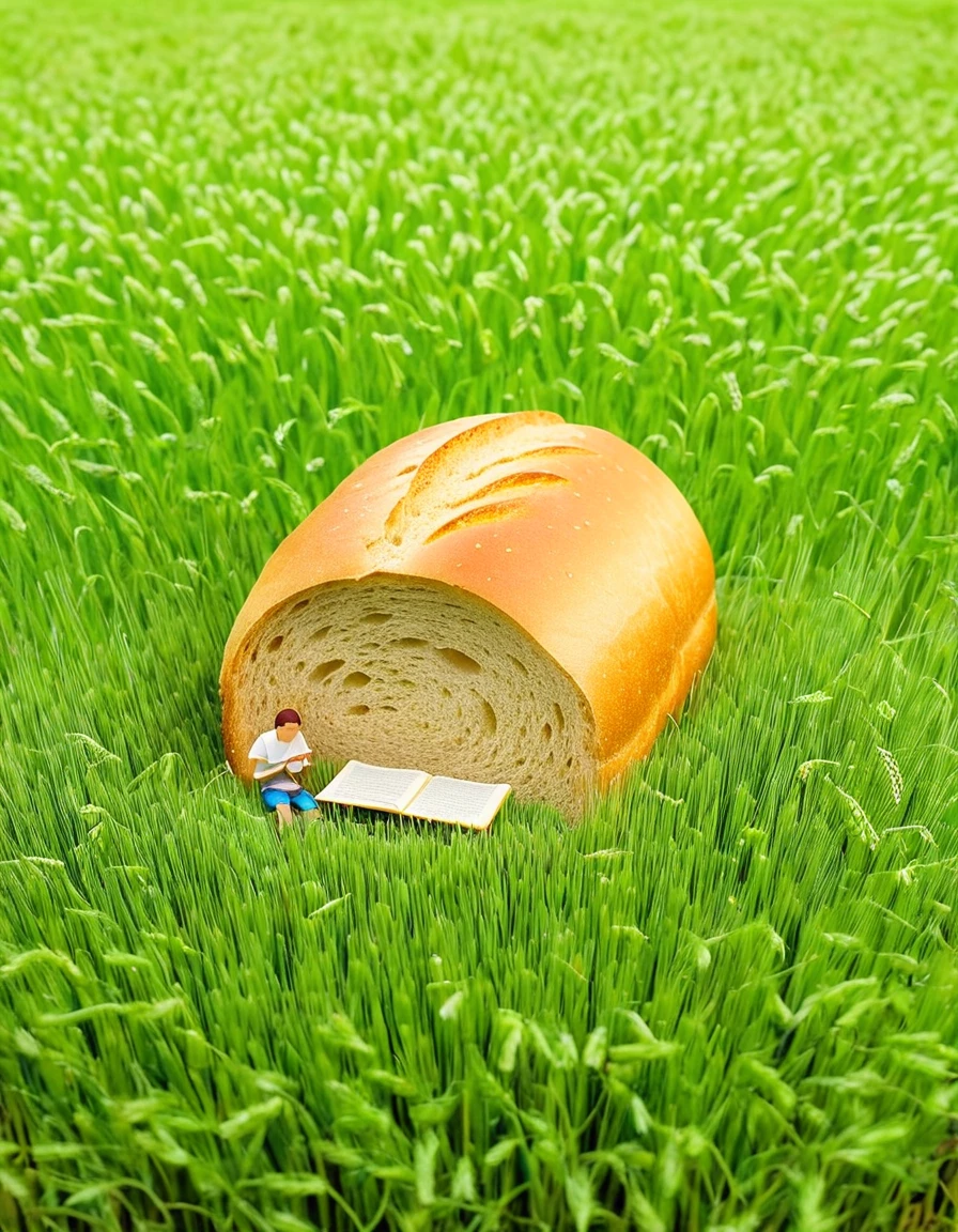 Tanaka Tatsuya, miniature landscape advertisement photography, the background is a giant loaf of bread, wheat fields, and little people are listening to music, reading, sleeping, realistic food textures, minimal decoration, grass, surreal style, and dreamy scenes