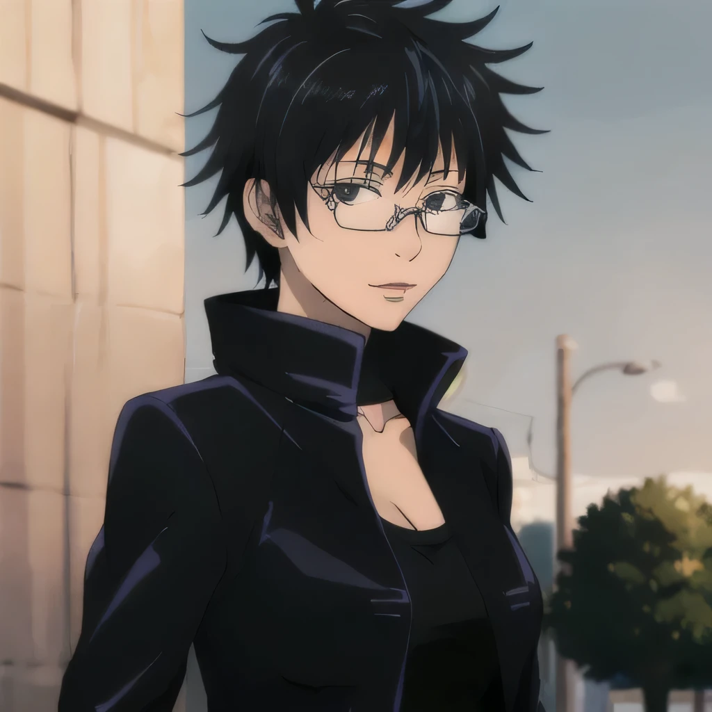 masterpiece,highres,high quality,extremely detailed,solo,outdoors,
closed mouth,looking at viewer,1girl,
black jacket,popped collar, glasses, black hair, medium hair, small breasts