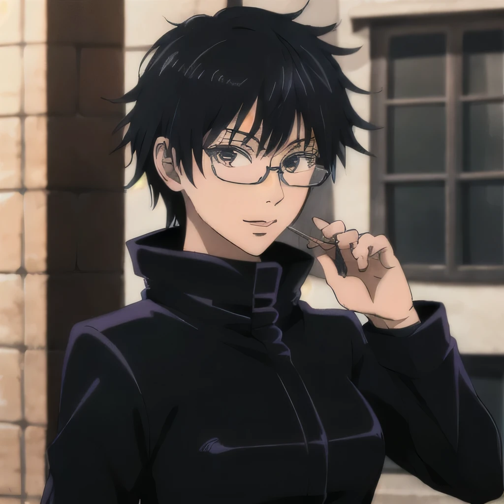 masterpiece,highres,high quality,extremely detailed,solo,outdoors,
closed mouth,looking at viewer,1girl,
black jacket,popped collar, glasses, black hair, medium hair, small breasts