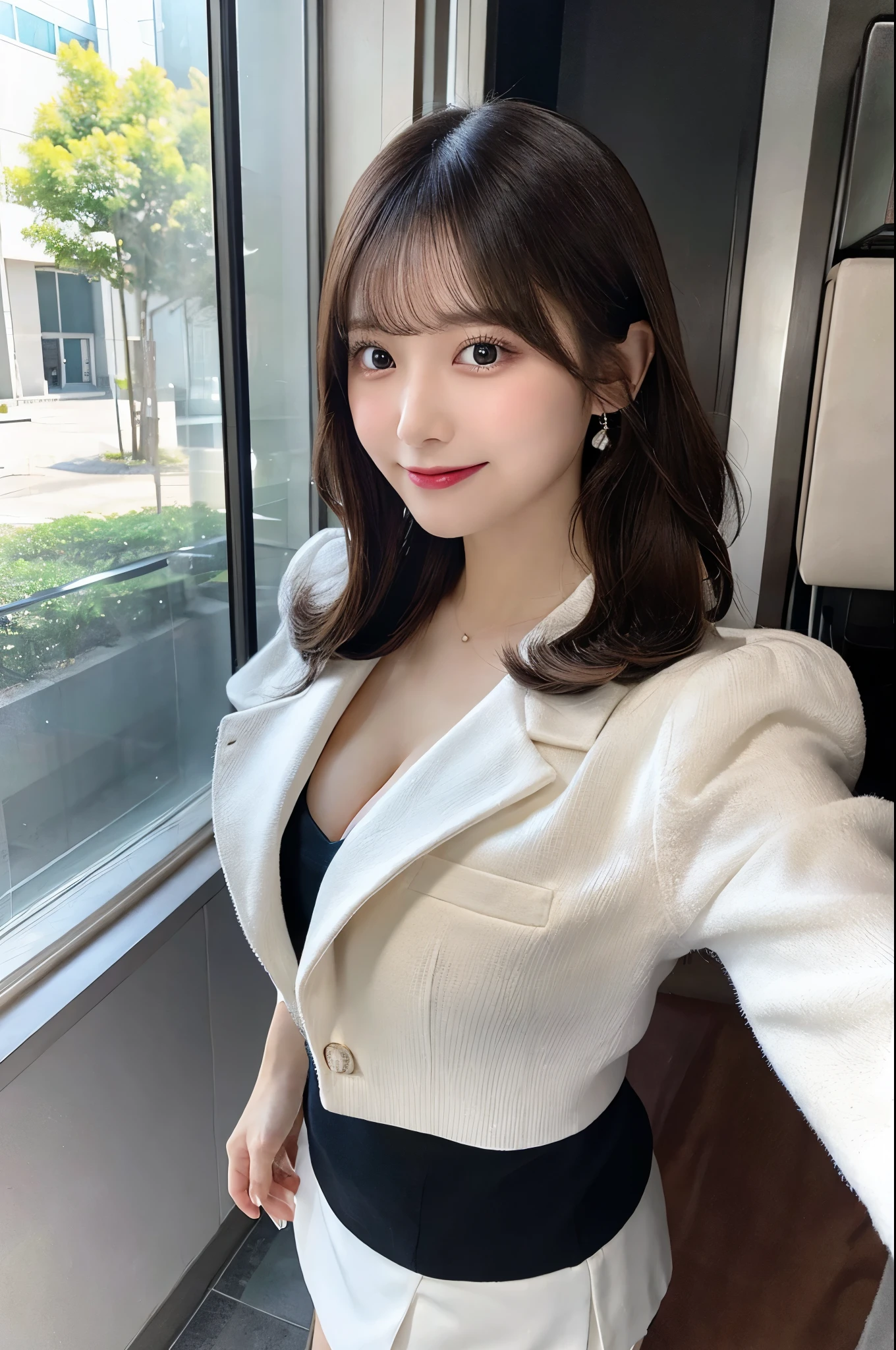 beauty secretary、office、Woman looking back、Woman looking up、Fluffy jacket、(Brown Eyes、Double eyelids、Sparkling Eyes、Very beautifully detailed eyes)、White suit、White short tight skirt、Cleavage(Very large breasts、Very thin and long legs、Perfect figure、High heels、whole body、smile)、1 female、No makeup、Age 25、(masterpiece、8K,RAW Photos、High resolution:1.4)、window