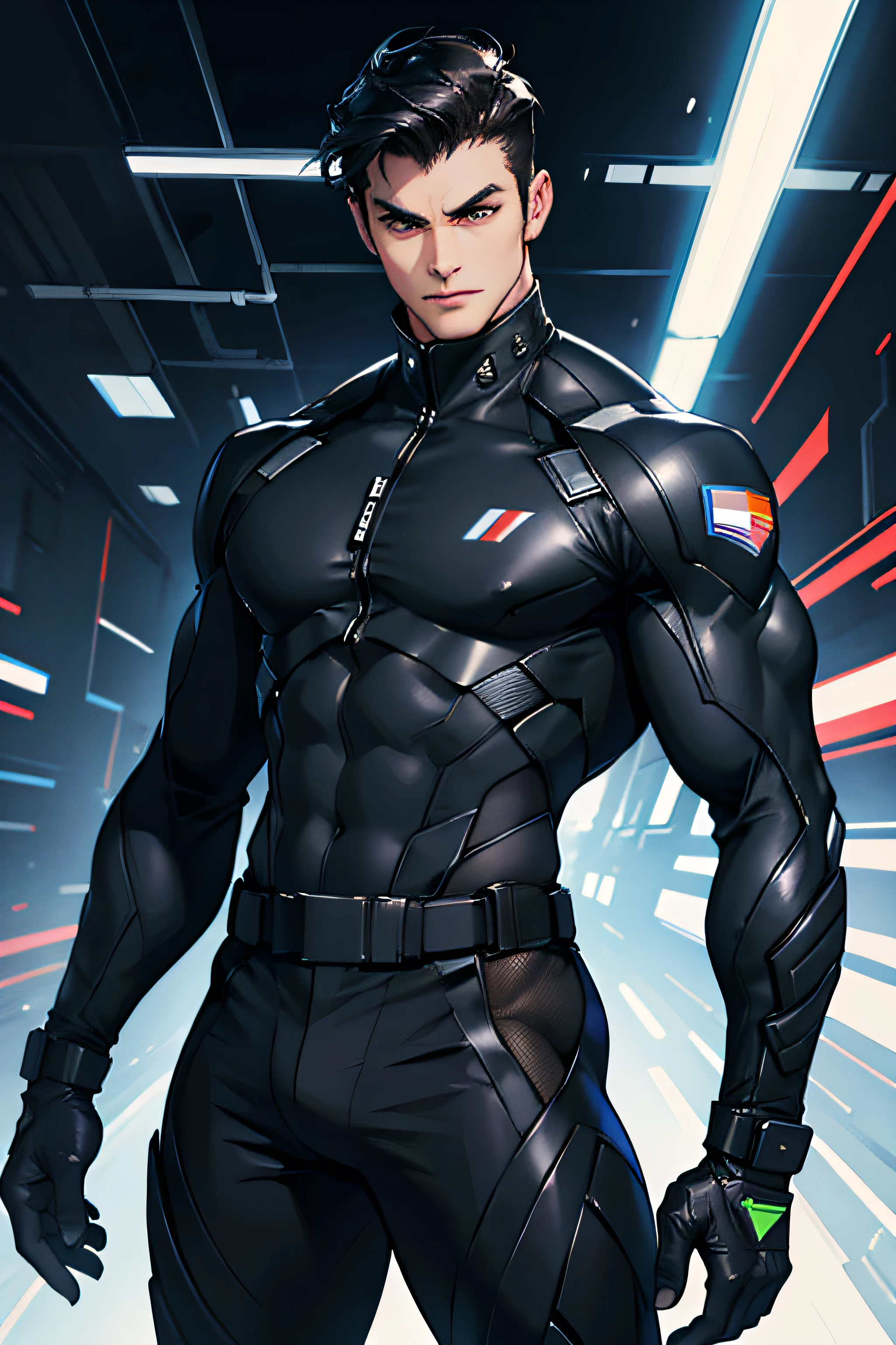 homem, masculine homem, cabelo preto, muscular homem, roupas futuristas, terno apertado, Traje Preto, terno militar, encantador