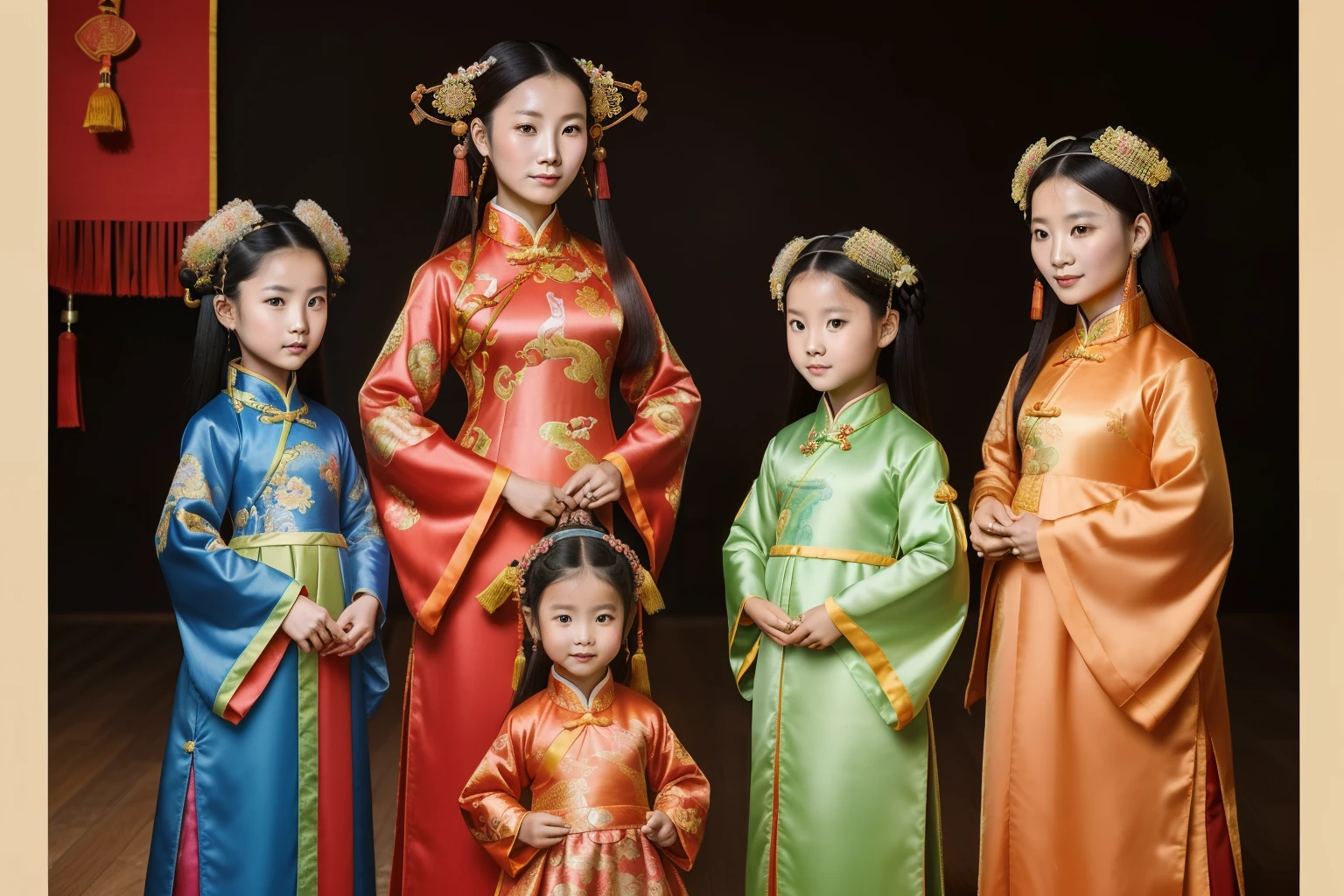 China, 1490. A young ((((29-year-old)) Tan Yunxian)), with her daughters, three little girls, family portrait, ((((chinese clothings from the 1490s)))), ((hairstyle of the 1490s)), ((colorful, luminous))