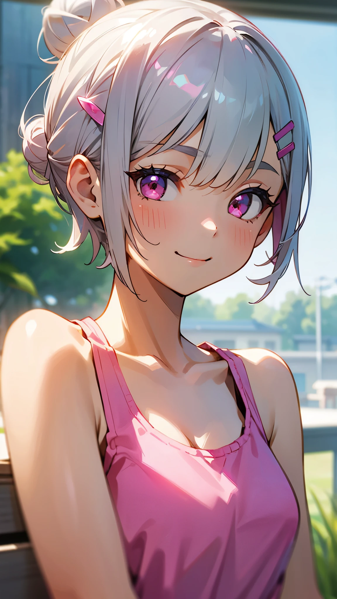 1girl、Short silver bob hair tied in a bun with a hair clip, Pink Eyes、smile、really like、Khaki tank top、Upper body close-up、Morning Cafe Terrace、Background blur, Written boundary depth