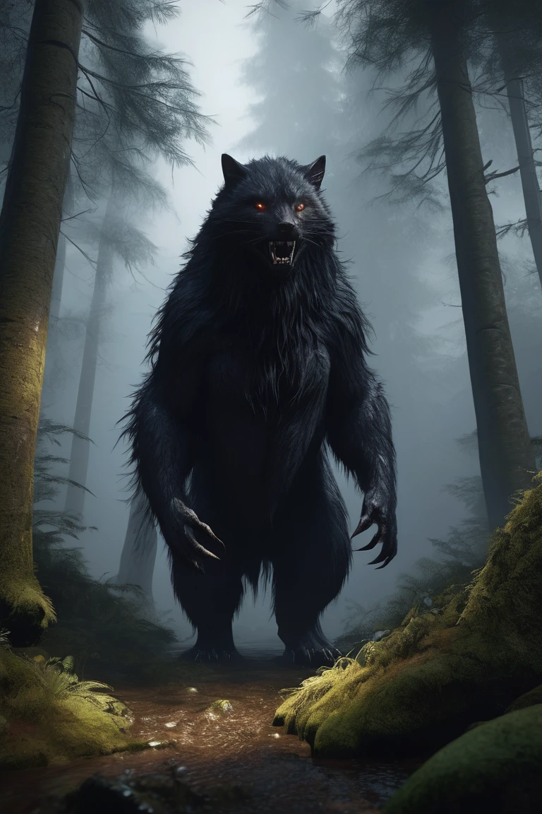 They mainly live in the deep forests of Northern Europe.,Body length is about 3 meters,Weight: about 250 kilograms,Its appearance is covered in black, misty fur.,Has sharp fangs。,Dark Energy, Mysterious, Dissolve, See through, Creatures of the Deep, 4K, Trending on Art Station, Spectacular lighting, cryengine render, Dark fantasy