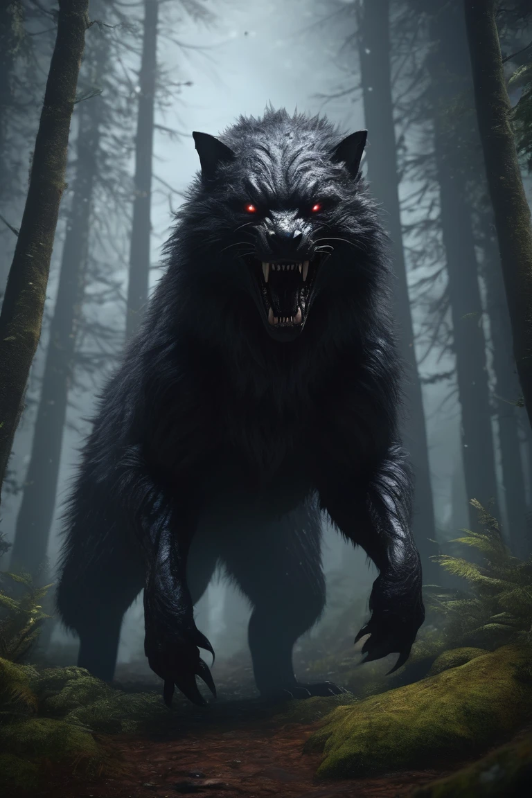 They mainly live in the deep forests of Northern Europe.,Body length is about 3 meters,Weight: about 250 kilograms,Its appearance is covered in black, misty fur.,Has sharp fangs。,Dark Energy, Mysterious, Dissolve, See through, Creatures of the Deep, 4K, Trending on Art Station, Spectacular lighting, cryengine render, Dark fantasy