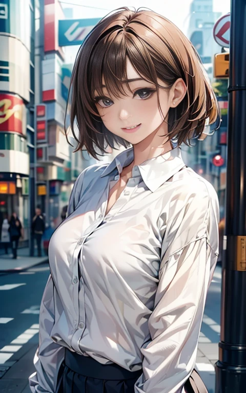 Cute 21 year old Japanese、city、shopping、Highly detailed face、Pay attention to the details、double eyelid、Beautiful thin nose、Sharp focus:1.2、Beautiful woman:1.4、(Light brown hair,short hair、),Pure white skin、highest quality、masterpiece、Ultra-high resolution、(Realistic:1.4)、Highly detailed and professional lighting、nice smile、Please show me your whole body、(Shirt with open collar at the chest:1.4, Slit Skirt)