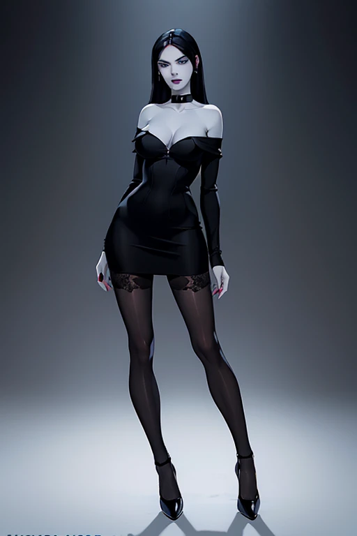 (full body:1.4),  Beautiful 20 yo woman of English descent. perfect figure,((very pale:1.4))complexion. raven black hair, ice blue eyes. Large natural breasts, beautiful ass, shapely legs, Sad eyes, Goth. Black lipstick and nail polish, mascara, choker, vintage black lace dress, (black pantyhose), Mary Janes.