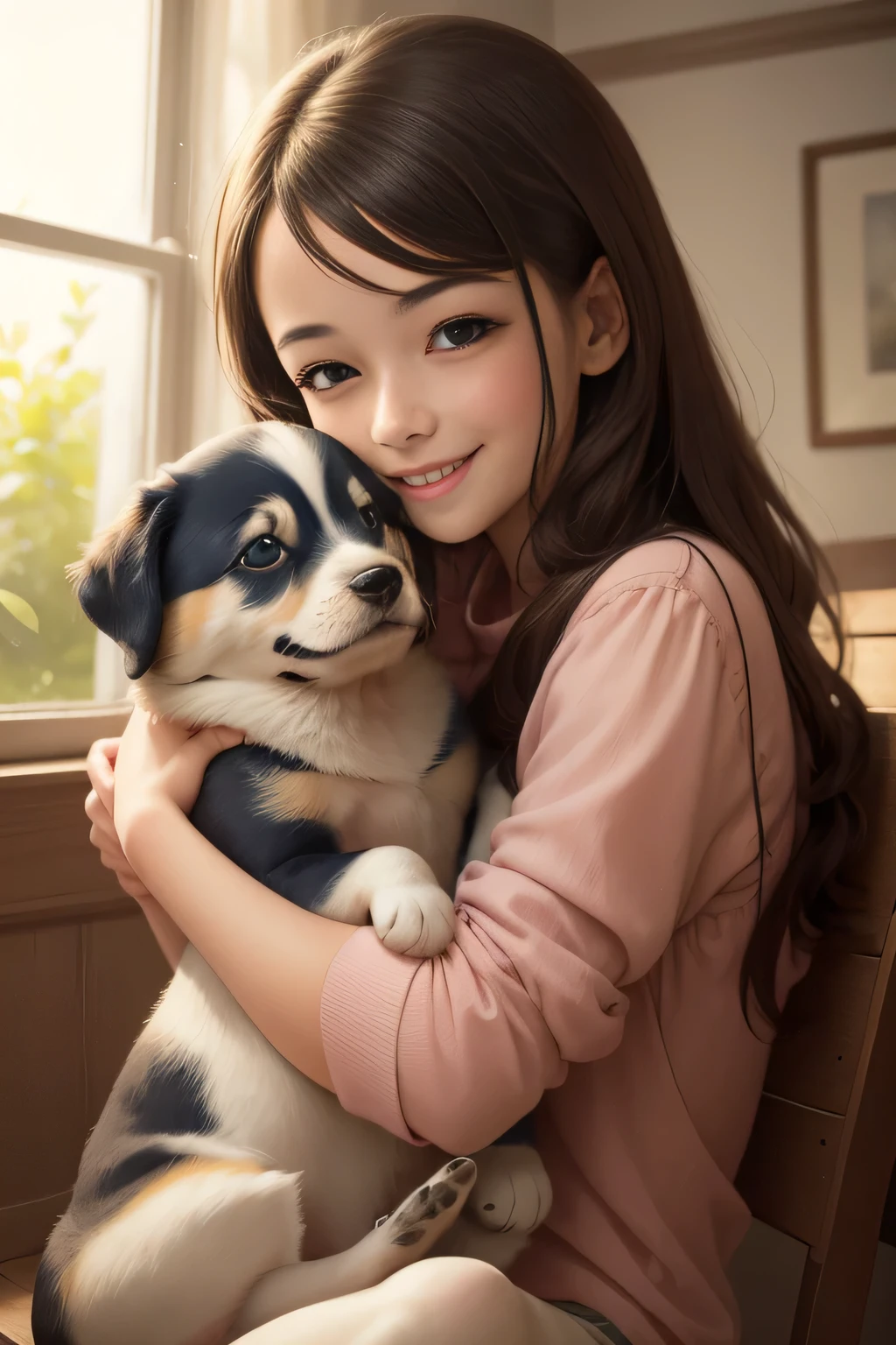 girl hugging a puppy, smiling.