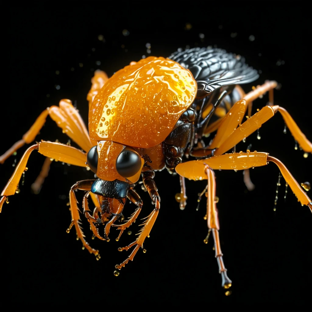 A mutated gooey orange fly insect, hyperrealistic 3D render, black background, insect anatomy, detailed exoskeleton, glowing compound eyes, dripping viscous liquid, metallic body parts, intricate textures, cinematic lighting, photorealistic, octane render, 8k