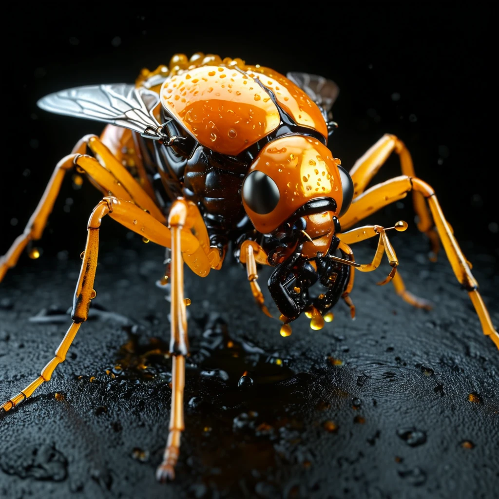 A mutated gooey orange fly insect, hyperrealistic 3D render, black background, insect anatomy, detailed exoskeleton, glowing compound eyes, dripping viscous liquid, metallic body parts, intricate textures, cinematic lighting, photorealistic, octane render, 8k