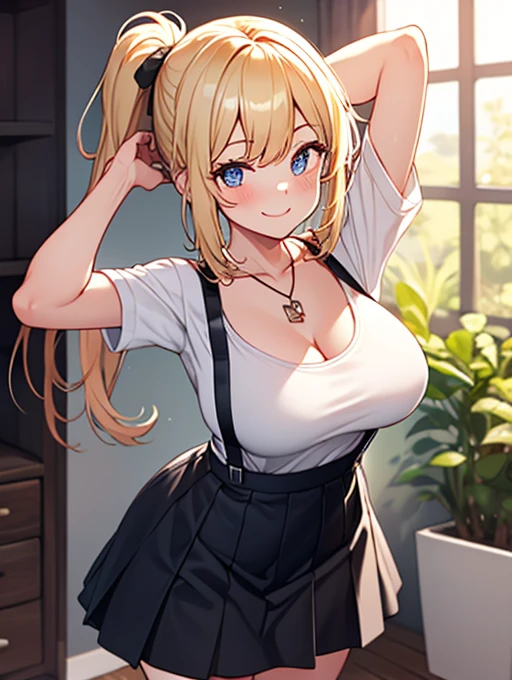 (highest quality, High resolution, Pixel perfect, Depth of written border, 4K), Fine grain, (1 girl), Perfect body, Big Breasts, Blonde, (Side Ponytail), White T-shirt, (V-neck), (black suspender skirt), necklace, (Knee-high), (Are standing), Leaning forward, (Put your arms behind your head:1.2), (look up), blush, A light smile,cute