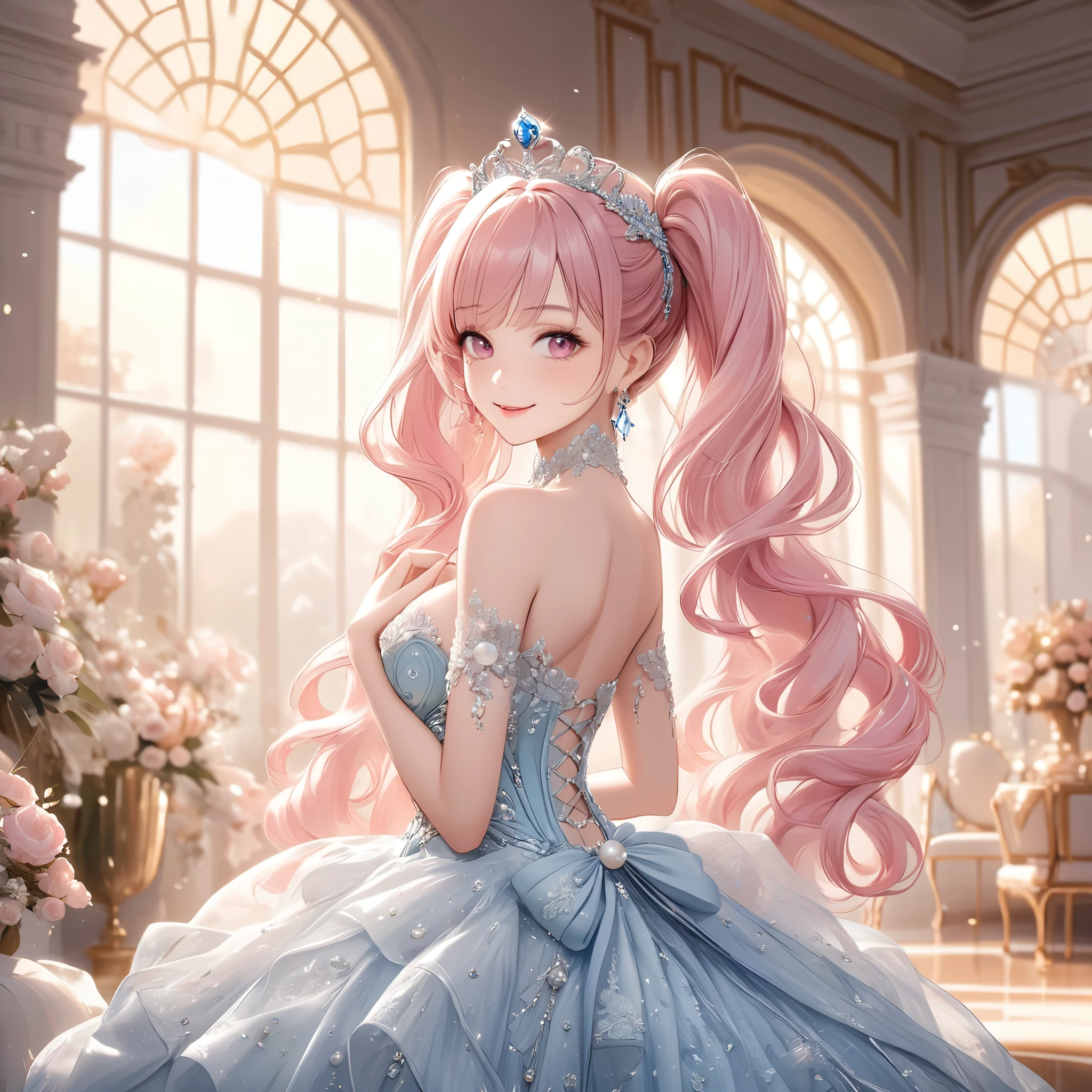 (8K, masutepiece, Highest Quality, Best Quality, Official art, Breathtaking beauty and aesthetics, A highly detailed, The best masterpiece in history that exceeds limits, Breathtaking and beautiful lighting:1.2), (1 Beautiful Girl, Solo), (************), (Beautiful detailed face), (shiny white skin), (Beautiful big bust, cleavage:1.3), (Beautiful detailed pink twintails hair, Bangs:1.3), (beautiful detailed adolable drooing pink eyes:1.3), (Beautiful Luxurious blue Princess Dresses, See-through intricate lace, black cute bow ribbon, a lot of see-through frill, sheer chiffon material, silver thread, Diamond, pearl, corset), (Beautiful Luxurious Diamonds Tiara), (happy smile, Beautiful smile, Gentle smile, cute smile, innocent smile like an angel:1.2), breathtaking scenery, Attractive, amazing, Beautiful, Elegant, Luxurious, magnifica, Eye-catching, the ultimate beauty, Supreme Beauty, Superlative beauty, Elegant, Beauty, Graceful, Everyone loves it, Beauty that fascinates everyone, Healed, The highest level of complete beauty, cute like an idol, Stylish like a fashion model, Goddess-like grace, Be loved, adolable, Look at the camera, cute pose, Happy, looking back, (ultra detailed realistic Breathtakingly beautiful Luxurious room:1.2), (Sparkling pearl effect:1.5),