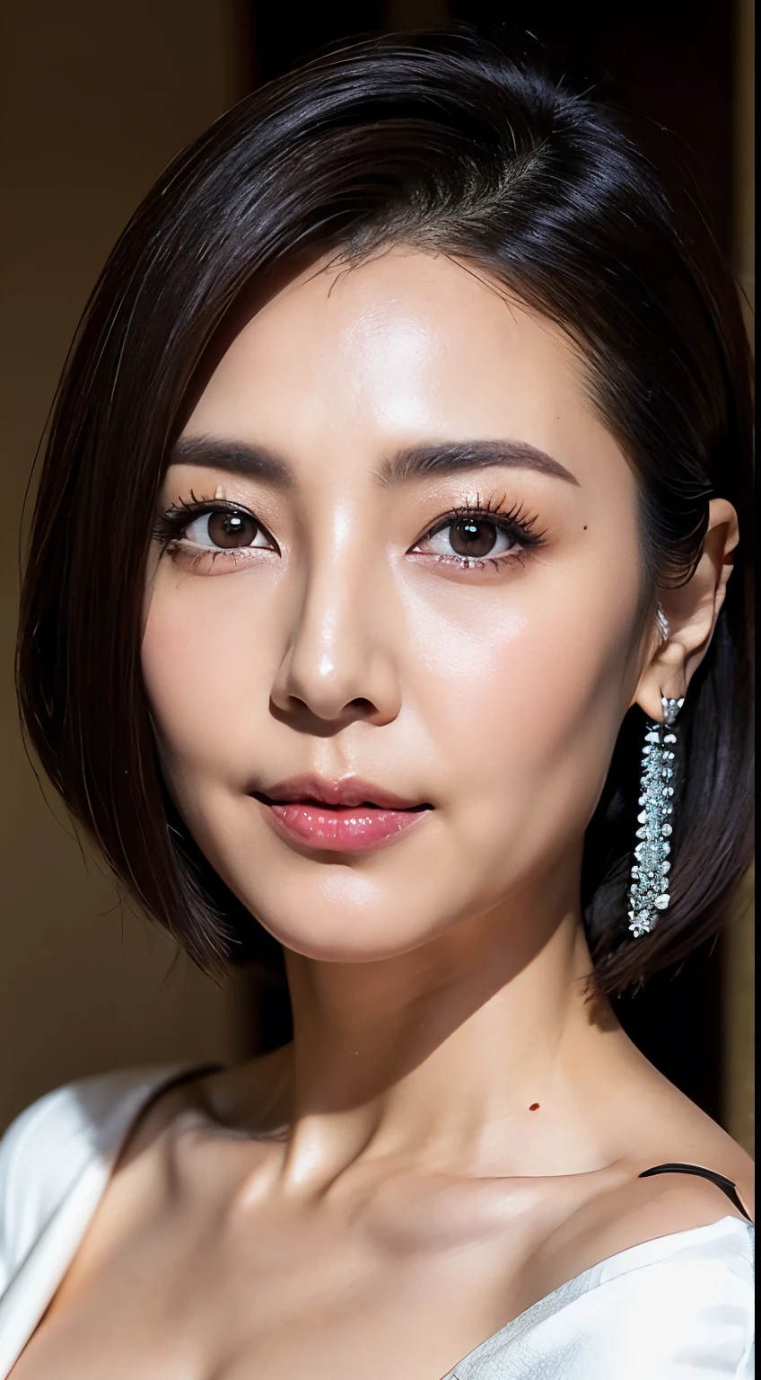 Best image quality、highest quality、8k、White tube top、skirt、C Cup、I can see her cleavage、45-year-old Japanese middle-aged woman、Fine wrinkles on the face、Black stiletto heel、walk、、Big earrings、Dark brown short bob、Realistic Hair、Realistic skin texture、Detailed face、Looking into the camera、Trance、I opened my mouth、Nipples are visible、Photo from the belly button up、Slightly loose skin、Cheeks are a little red、The gown is slightly open at the chest、whole body、Show off your thighs