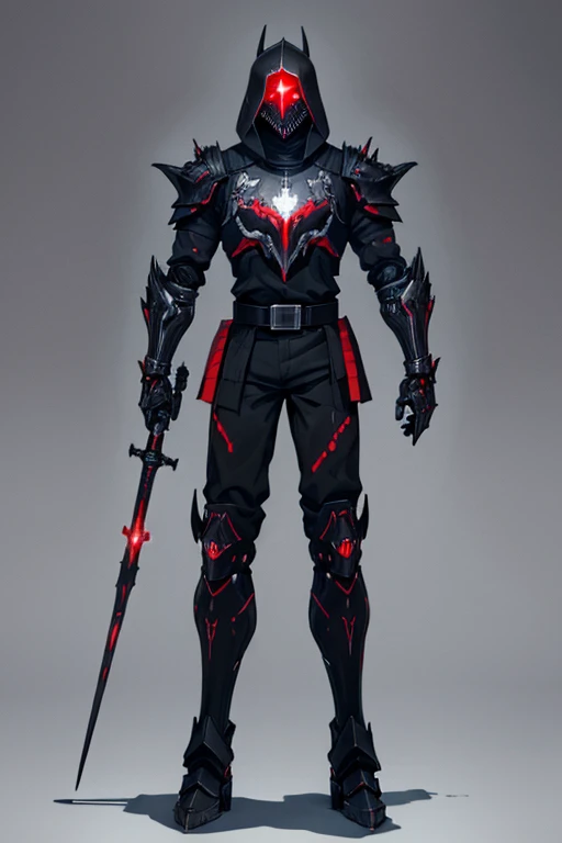 male, red eyes, robotic, (((1boy))), (((black metal armor))), (black cybernetic gauntlets), (black cybernetic boots), (black belt), (black metal helmet), long legs