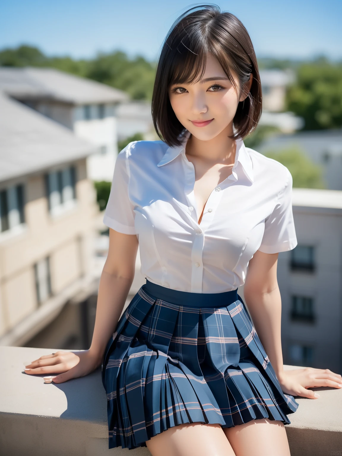 (Highest quality: 1.5), (Realistic: 1.5), (1 person: 1.5), Highly detailed, High resolution, 8k, slightly saggy medium breasts, Natural colored lips, Cute smile, Japanese woman, 20 year old girl, beautiful and graceful features, perfect and beautiful face, balanced big eyes, brunette eyes, beautiful and graceful features, natural double eyelids, natural bangs, beautiful thin nose, beautiful skin, medium bob hair , natural bangs , perfect and beautiful face, slim face and figure, blue summer sky, socks, (looking at the camera with a sweet smile), bright lighting, professional lighting, forward lighting, beautiful legs: 1.2, smooth skin, slender body, slim waistline, slim thin thighs, cleavage, detailed clothes, (short sleeve dress shirt:1.5), (Pleated skirt:1.5), plaid pleated micro mini skirt, short sleeve dress shirt, (unbuttoned shirt to show cleavage), sit on the roof of the school, Beautiful breasts, beautiful cleavage,