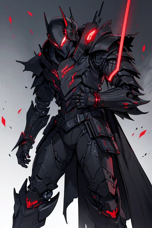 male, red eyes, robotic, (((1boy))), (((black metal armor))), (black cybernetic gauntlets), (black cybernetic boots), (black belt), (black metal helmet), long legs