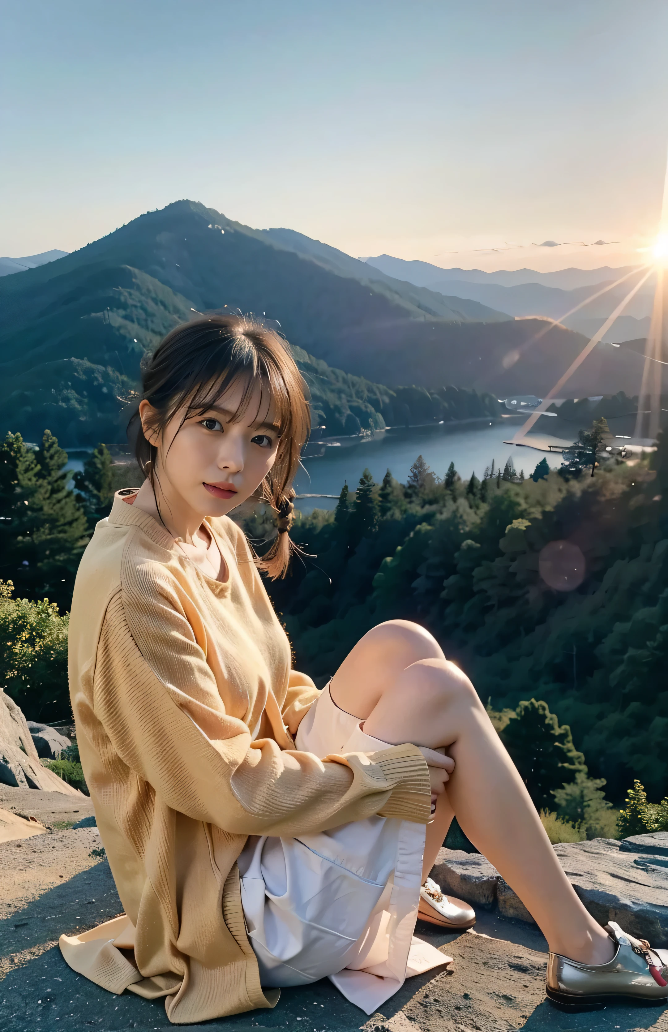 Woman sitting on a mountain top watching the sunset、The shining sun is very beautiful、Dusk Comes、Lens flare、I can see the sun setting、((Small earrings、It's evening、Birds are flying too、、Brown Hair Color、Tie your hair up、The woman is on the right、Background with a Cessna plane flying in the sky:1.4))、Luxurious leather belt、Glossy clothes、Light beige hair color、Background Blur、Braid only the front hair、Light brown hair、{{Cowgirl Shot}}、((Close-up shot from the waist up、Big Breasts:1.4))、Big Breasts、Smile、Silk clothing、Big Breasts that can be seen even through clothes、Braid only the front hair、Cowboy Shot、Gorgeous white collared silk shirt and brown skirt、Dress elegantly、Luxury Bags、A lovely smile、((Airplane in the background、I'm coming to the airport))、Full body photo、ring、Short skirt、Tuck your hair behind one ear、Silver Necklace、smile、 Elegant ponytail、Caustics、Highly detailed photos、Very beautiful and ideal short hair、Big Breasts、Super no makeup、(8k、RAW Photos、highest quality、masterpiece:1.2)、(Realistic、Realistic)、1 girl、((Big Breastedium Short Hair、Looking into the camera:1.4))、Hair blowing in the wind