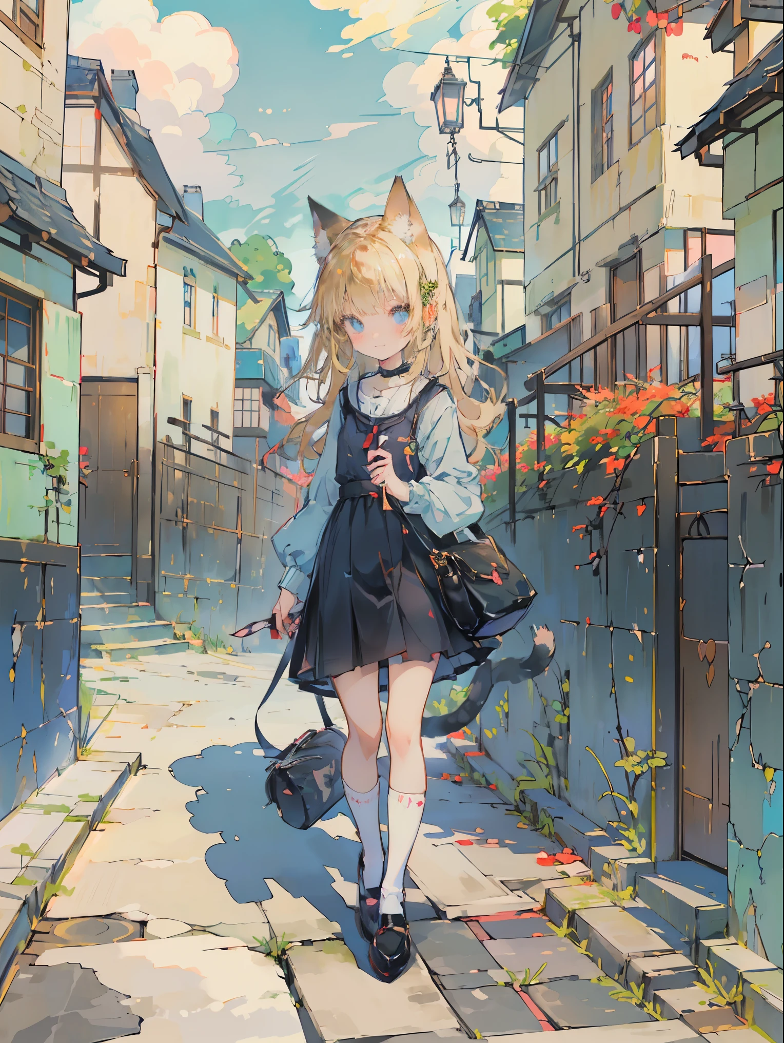 ((Tabletop, highest quality: 1.1), ((Anime girl in blue dress with travel bag)), メイド服を着たアニメのCat girl,((autumn sky)), ((Blonde))、(Long-haired)、Very Beautiful Anime Cat girl, アニメCat girl, ((White knee-high socks)), 魅力的なCat girl, Inspired by Leiko Ikemura, Takano Aya color style, in ryuuou no oshigoto art style, Cat girl, Favorite character, rei hiroe、With a smile