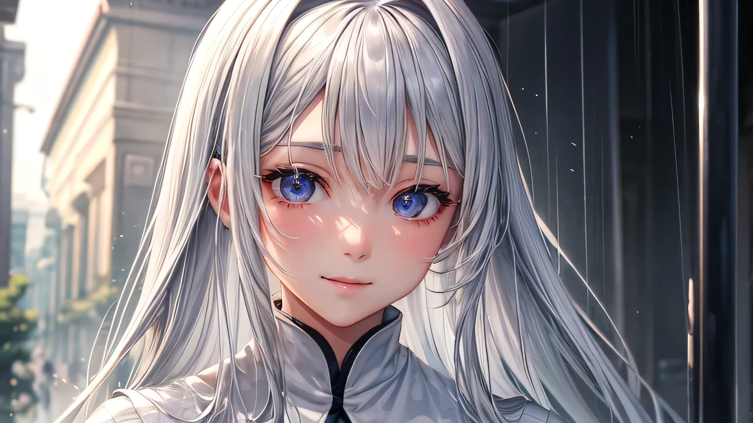 A gentle smile、woman、Beautiful long silver hair、White shirt,Clothes that are wet from the rain and slightly transparent,Rain in the city,rain,Weather,Ultra-high resolution, Accurate, Super detailed, Textured skin, High detail, highest quality, 8k, Detailed Hair,Detailed eyes,Focus on the face,
