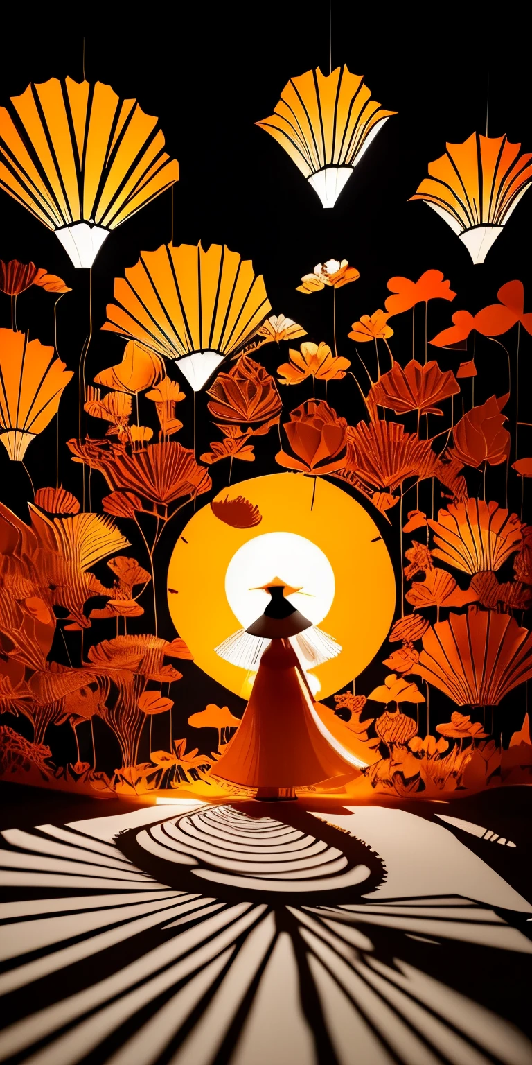 fusion of paper cutting and shadow puppetry, best quality, super fine, 16k, incredibly absurdres, extremely detailed, delicate and dynamic, orange in color, orange gradation, beautiful woman's back, large white hat with brim, white lace long dress, fluttering in the wind, wind effect, sun, backlighting, symbolist artwork