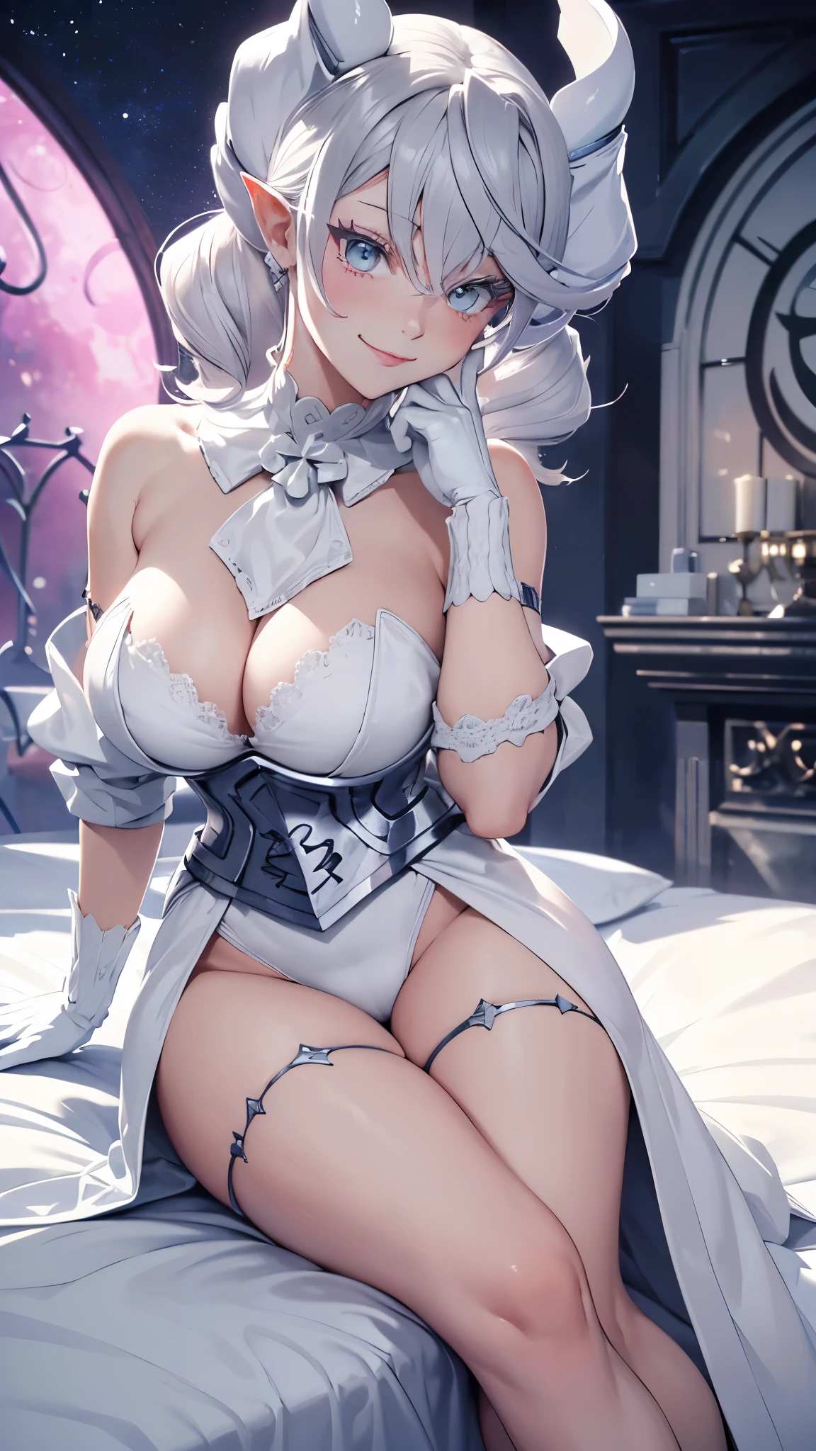  　High level image quality　best image quality　8K　 adult woman　whole body view　portrait　pure white long gloves（elbow gloves）　　white long dress（slit）　white wolf ears  　blue horn    short hair（（shortcut）（gray hair）（perm）（fluffy））　eye color is pink　attractive evil face , face detail , smile ,  sexy pose   ,  labrynth , sleeping on  bed styles    , face focus   , view legs , view foot , view from side