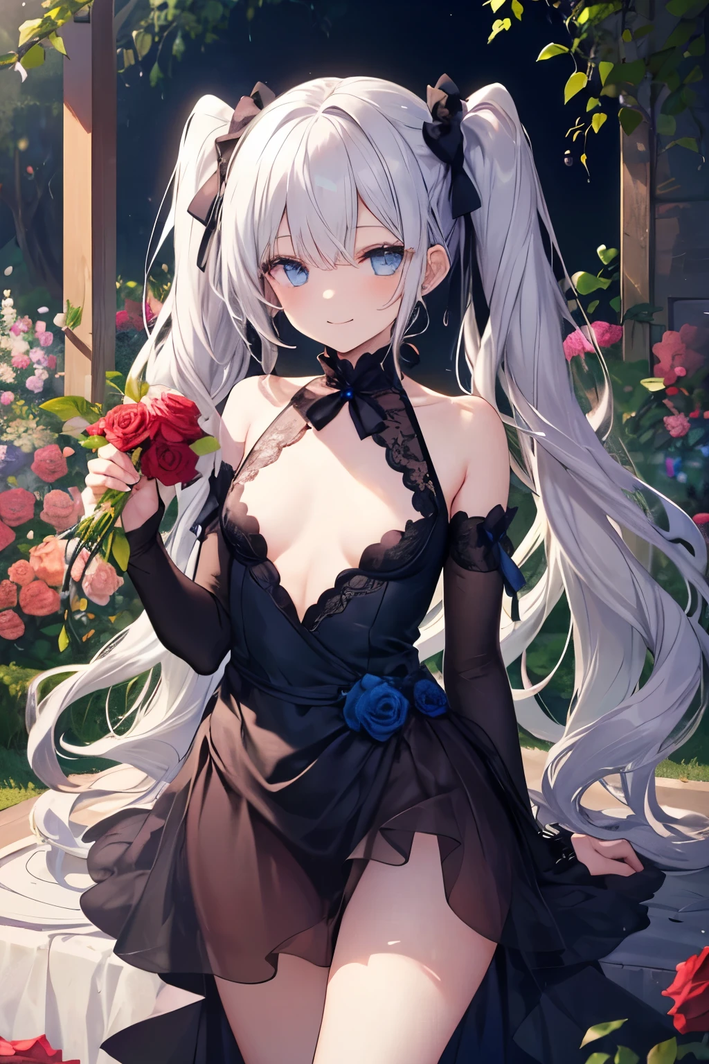 Silver Hair、Blue Eyes、girl、Small breasts、Twin tails、girl、Small breasts、Lolita、Bright smile、Looks about 、Petan Musume、He is short、目のhighlight、Sexy thighs、Rose Garden、Colorful roses in abundance、Mine-based costumes、Your eyes are so beautiful、highlight