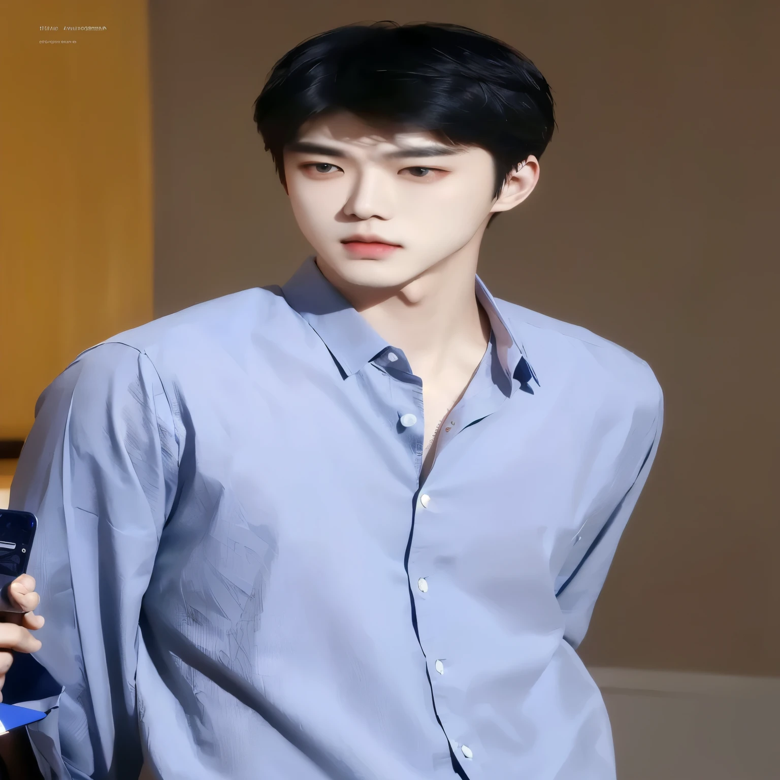 Araffated Asian man in a blue shirt holding a cell phone, kim doyoung, extremely Elegante, mirada inocente, oh sehun, SEHUN, pale korean adorable face, very Elegante, Elegante prince, inspirado en EXO SEHUN, OH SEHUN, Jung Jaehyun, hyung SEHUN, SEHUN labios carnosos, Shin Jeongho, Elegante and attractive, Elegante, EXO