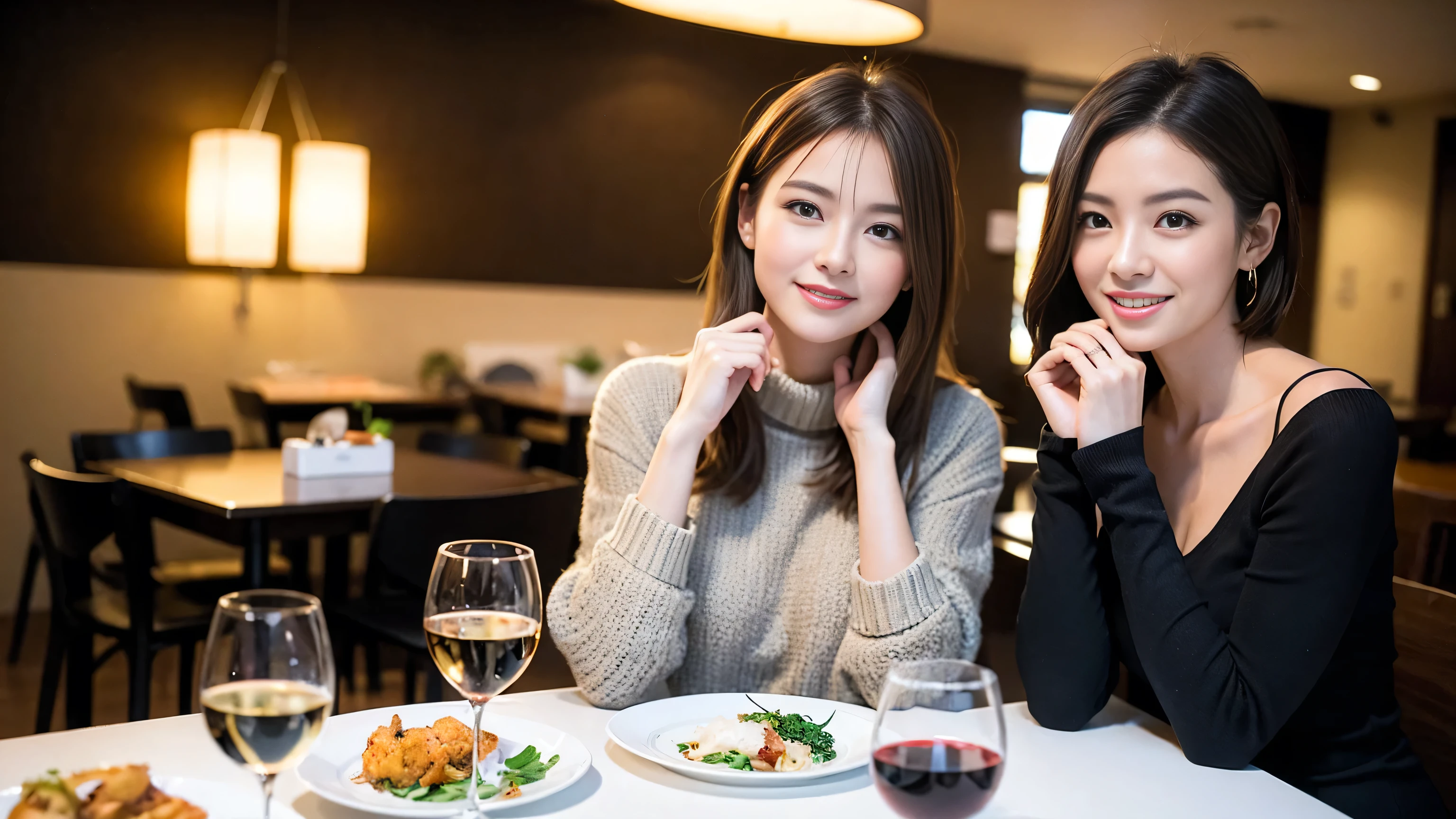 (highest quality、8k、masterpiece:1.3)、Beautiful woman with perfect figure:1.4、Wine Party、2 people、Dark brown hair、Knit dress、Highly detailed face and skin、Fine grain、double eyelid、Huge Mile、30th generation、Sex Appeal、Wine glass on the table、Put the light on your face、 Amazing view of the sunset sky and clouds、Amazing mountain views、A bright smile、A lovely woman with a smile、Bright image、The beauty of wine, Beautiful Face, blue eyes, The light shines on your face, Blushing, short hair,Bright Face、Fox face、 (36 years old), 39 years old, Lady、red wine 、Appetizers、Italian food、Wine bottle、Champagne、sparkling wine、Two beauties、Brown Hair、Shortcuts、Long sleeve shirt、dress、Pretty Woman 1, (Slim face), (The body is slim), (Brown Hair), (Shortcuts), cheeks turn a little red,Attractive beauty、, Out of the window, A beautiful and detailed night view unfolds.........., restaurant, In a prominent place (From the waist up) Nova Frog Style, actress, model, Upper Body, White wine, slim, wine glass, Wine glass placed in the center, smile, (smile: 1.15), Beautiful fine grain, Depth f/2,saturation, High Contrast, Strong light and shadow,Moist Body:1.5、3D texture、Delicate eyes、Brown Hair、The hair is very shiny、