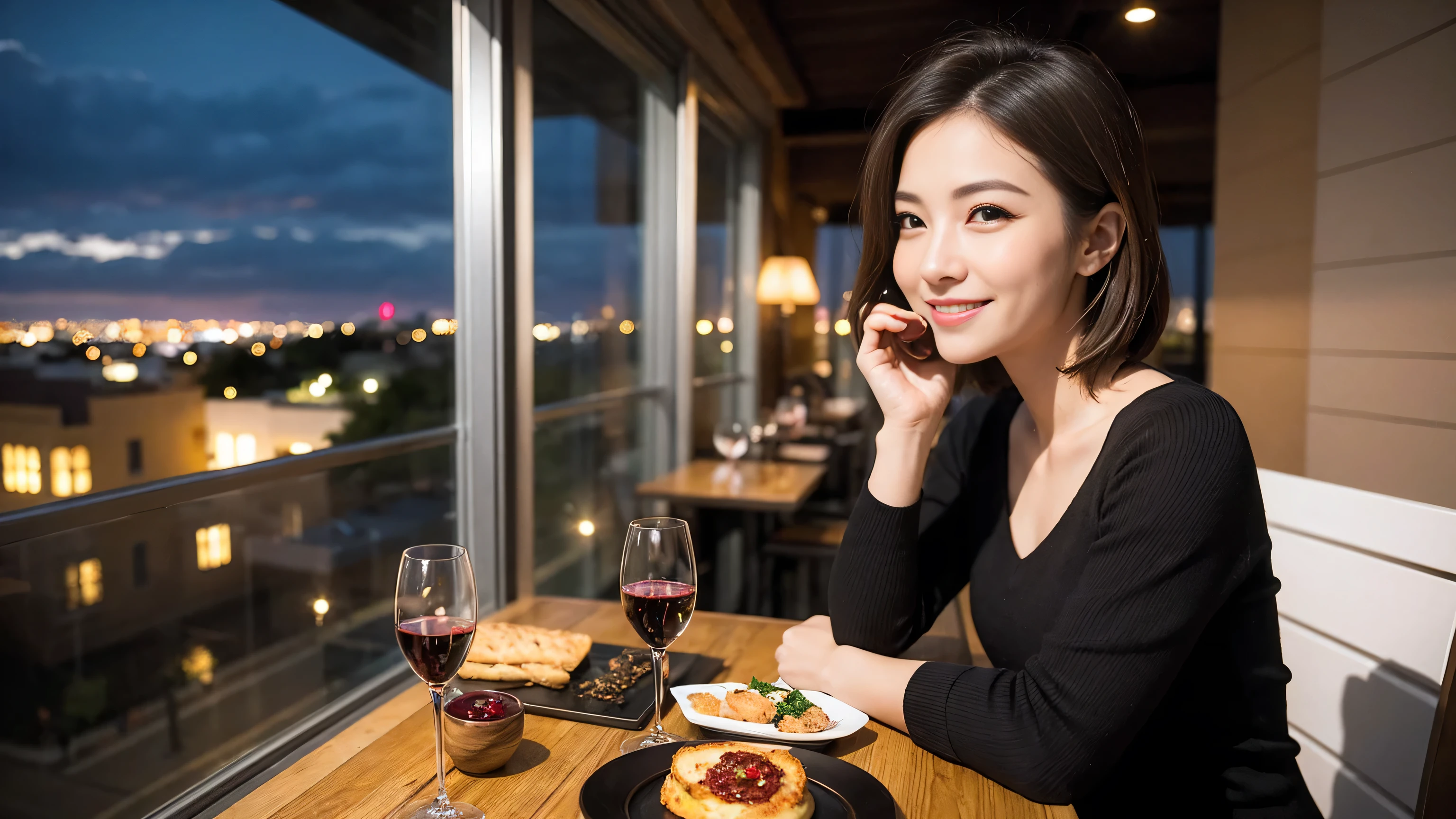 (highest quality、8k、masterpiece:1.3)、Beautiful woman with perfect figure:1.4、Wine Party、2 people、Dark brown hair、Knit dress、Highly detailed face and skin、Fine grain、double eyelid、Huge Mile、30th generation、Sex Appeal、Wine glass on the table、Put the light on your face、 Amazing view of the sunset sky and clouds、Amazing mountain views、A bright smile、A lovely woman with a smile、Bright image、The beauty of wine, Beautiful Face, blue eyes, The light shines on your face, Blushing, short hair,Bright Face、Fox face、 (36 years old), 39 years old, Lady、red wine 、Appetizers、Italian food、Wine bottle、Champagne、sparkling wine、Two beauties、Brown Hair、Shortcuts、Long sleeve shirt、dress、Pretty Woman 1, (Slim face), (The body is slim), (Brown Hair), (Shortcuts), cheeks turn a little red,Attractive beauty、, Out of the window, A beautiful and detailed night view unfolds.........., restaurant, In a prominent place (From the waist up) Nova Frog Style, actress, model, Upper Body, White wine, slim, wine glass, Wine glass placed in the center, smile, (smile: 1.15), Beautiful fine grain, Depth f/2,saturation, High Contrast, Strong light and shadow,Moist Body:1.5、3D texture、Delicate eyes、Brown Hair、The hair is very shiny、