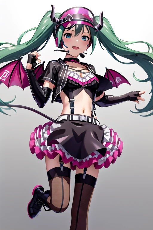 1girl, solo, hatsune miku, hllwngm outfit, pink visor cap, headset, black collar, pink demon wings, demon tail, demon horns, cropped jacket, open jacket, crop top, cleavage, suspenders , black detached sleeves, black fingerless gloves , pink layered miniskirt, black waist apron , brown thighhighs, black knee boots