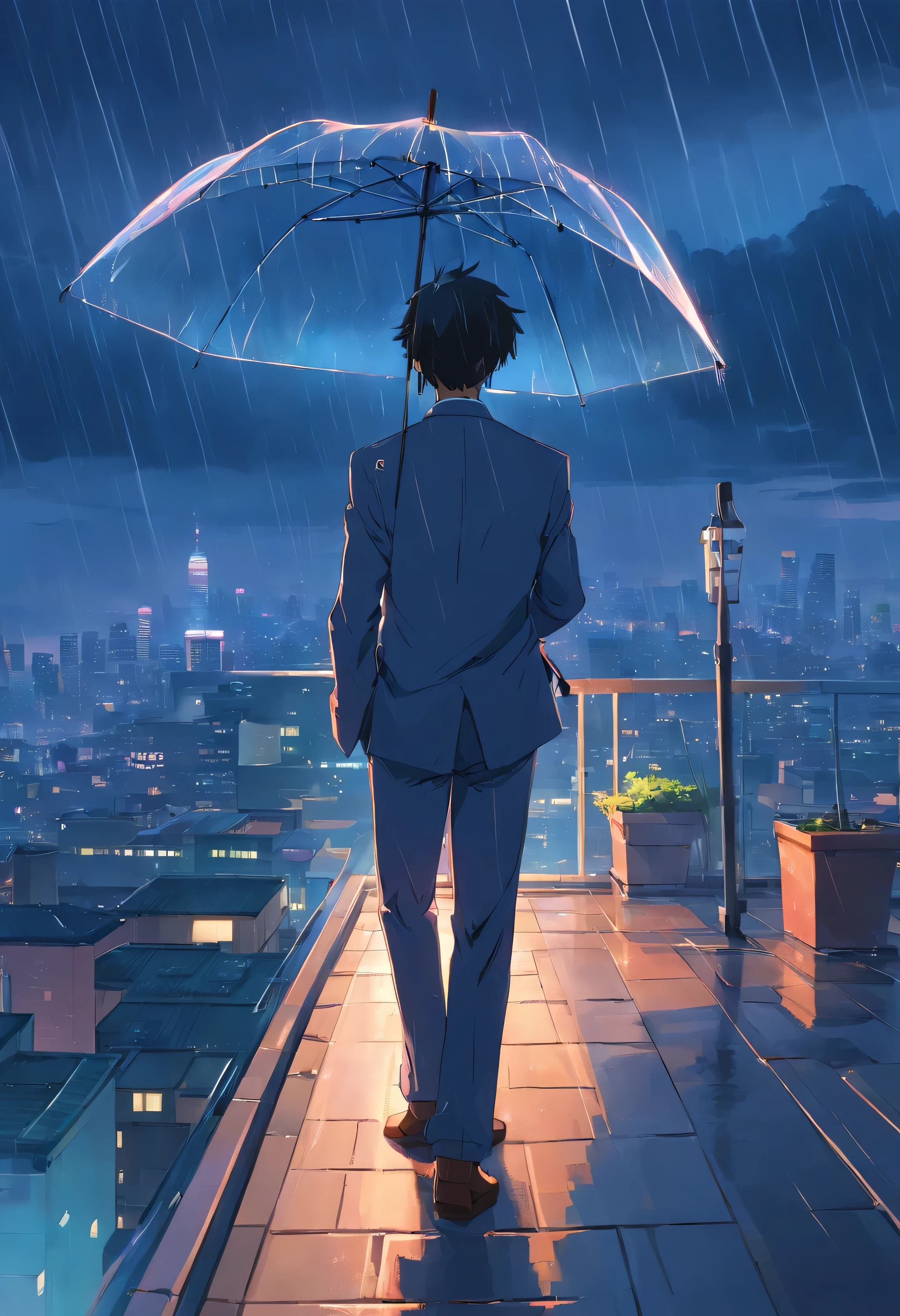 rainy evening，On the roof，middle aged man，Grow a short ，Powerful eyes，Wear a suit，A crutch in one hand，Umbrella in one hand