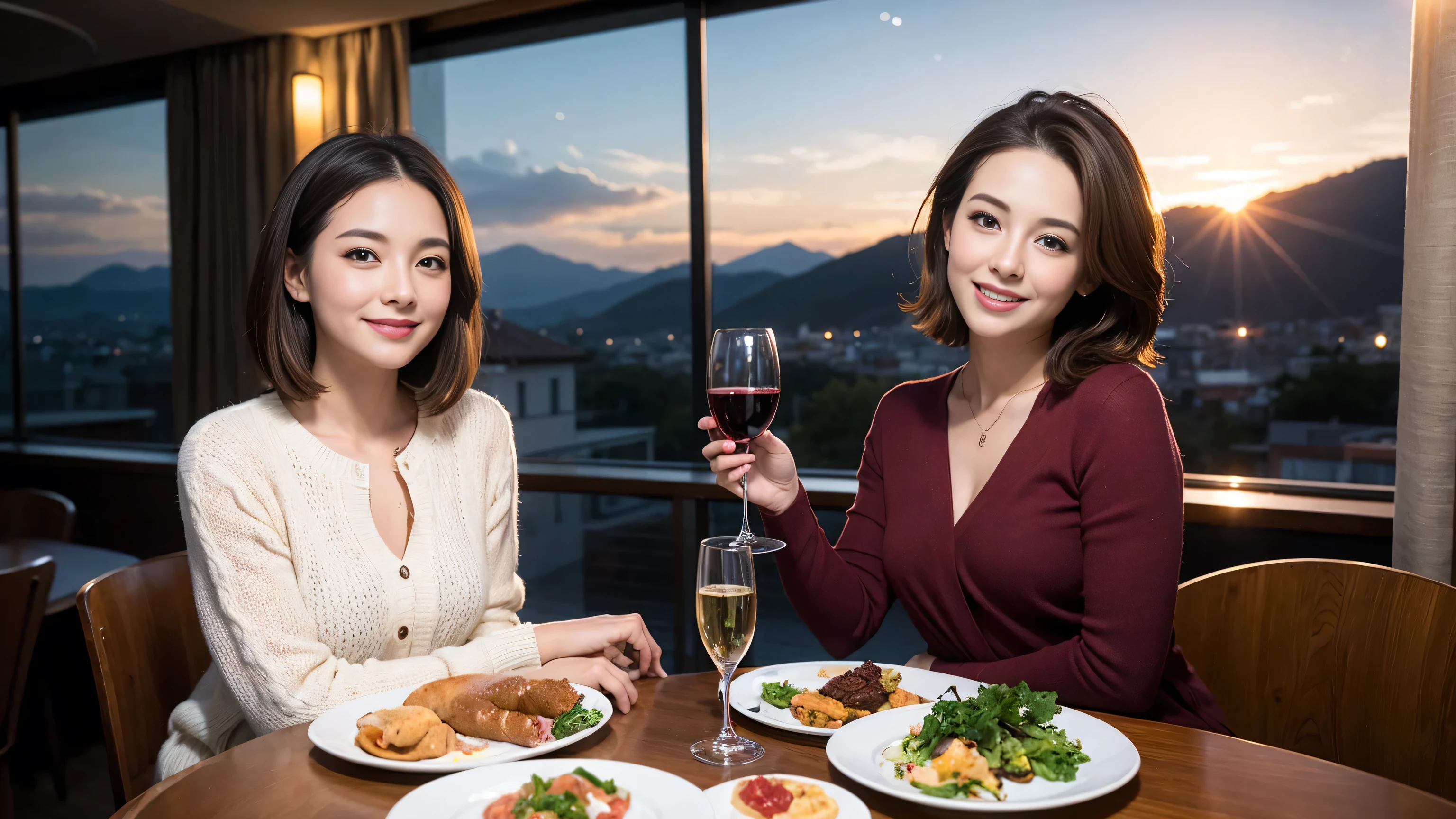 (highest quality、8k、masterpiece:1.3)、Beautiful woman with perfect figure:1.4、Dark brown hair、Wine Party 、2 people、Knit dress、Highly detailed face and skin、Fine grain、double eyelid、Wine glass on the table、Facial lighting、 Amazing view of the sunset sky and clouds、Amazing mountain views、Smile brightly、Smiling lovely woman、Bright image、The beauty of wine, Beautiful Face, blue eyes, Blushing, short hair,Bright Face、 (36 years old), 39 years old, Lady、red wine 、Appetizers、Italian food、wine bottle、Champagne、sparkling wine、Two beauties、Brown Hair、Shortcuts、Long sleeve shirt、dress、Pretty Woman 1, (Slim face), (The body is slim), (Brown Hair), (Shortcuts), cheeks turn a little red,Attractive beauty、, Out of the window, A beautiful and detailed night view unfolds.........., restaurant, In a prominent place (From the waist up) Nova Frog Style, actress, model, Upper Body, White wine, slim, wine glass, 