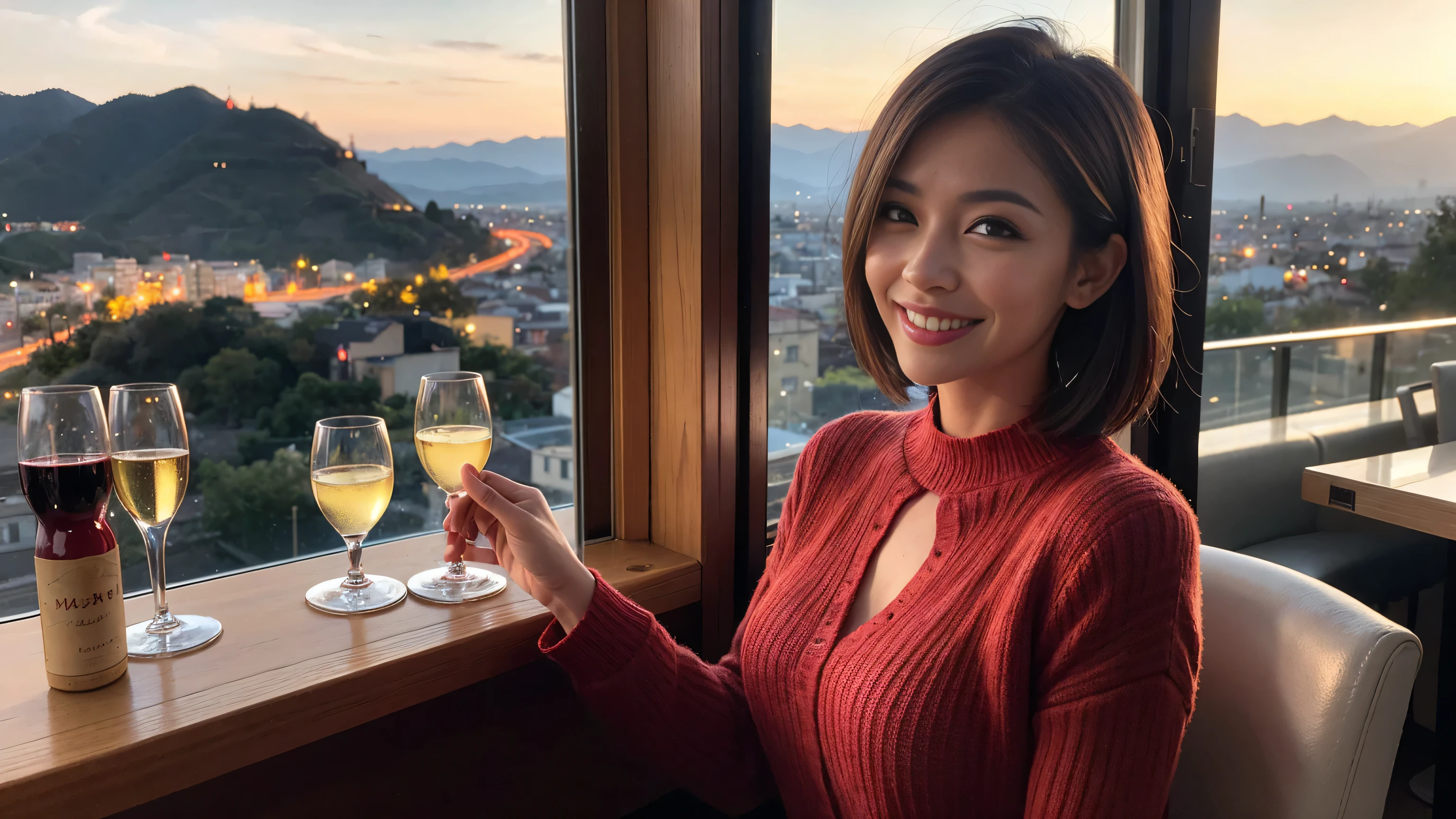 (highest quality、8k、masterpiece:1.3)、Beautiful woman with perfect figure:1.4、Dark brown hair、Wine Party 、2 people、Knit dress、Highly detailed face and skin、Fine grain、double eyelid、Wine glass on the table、Facial lighting、 Amazing view of the sunset sky and clouds、Amazing mountain views、Smile brightly、Smiling lovely woman、Bright image、The beauty of wine, Beautiful Face, blue eyes, Blushing, short hair,Bright Face、 (36 years old), 39 years old, Lady、red wine 、Appetizers、Italian food、wine bottle、Champagne、sparkling wine、Two beauties、Brown Hair、Shortcuts、Long sleeve shirt、dress、Pretty Woman 1, (Slim face), (The body is slim), (Brown Hair), (Shortcuts), cheeks turn a little red,Attractive beauty、, Out of the window, A beautiful and detailed night view unfolds.........., restaurant, In a prominent place (From the waist up) Nova Frog Style, actress, model, Upper Body, White wine, slim, wine glass,