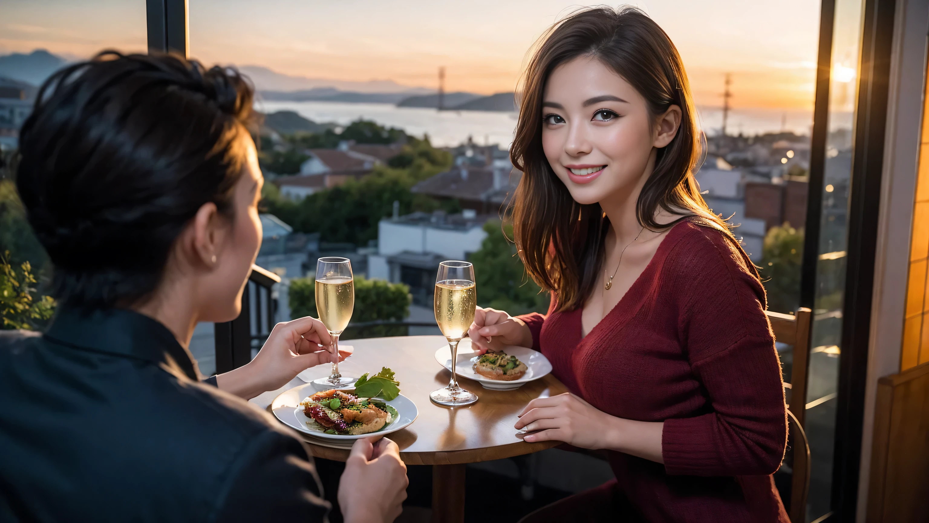 (highest quality、8k、masterpiece:1.3)、Beautiful woman with perfect figure:1.4、Dark brown hair、Wine Party 、2 people、Knit dress、Highly detailed face and skin、Fine grain、double eyelid、Wine glass on the table、Facial lighting、 Amazing view of the sunset sky and clouds、Amazing mountain views、Smile brightly、Smiling lovely woman、Bright image、The beauty of wine, Beautiful Face, blue eyes, Blushing, short hair,Bright Face、 (36 years old), 39 years old, Lady、red wine 、Appetizers、Italian food、wine bottle、Champagne、sparkling wine、Two beauties、Brown Hair、Shortcuts、Long sleeve shirt、dress、Pretty Woman 1, (Slim face), (The body is slim), (Brown Hair), (Shortcuts), cheeks turn a little red,Attractive beauty、, Out of the window, A beautiful and detailed night view unfolds.........., restaurant, In a prominent place (From the waist up) Nova Frog Style, actress, model, Upper Body, White wine, slim, wine glass, 