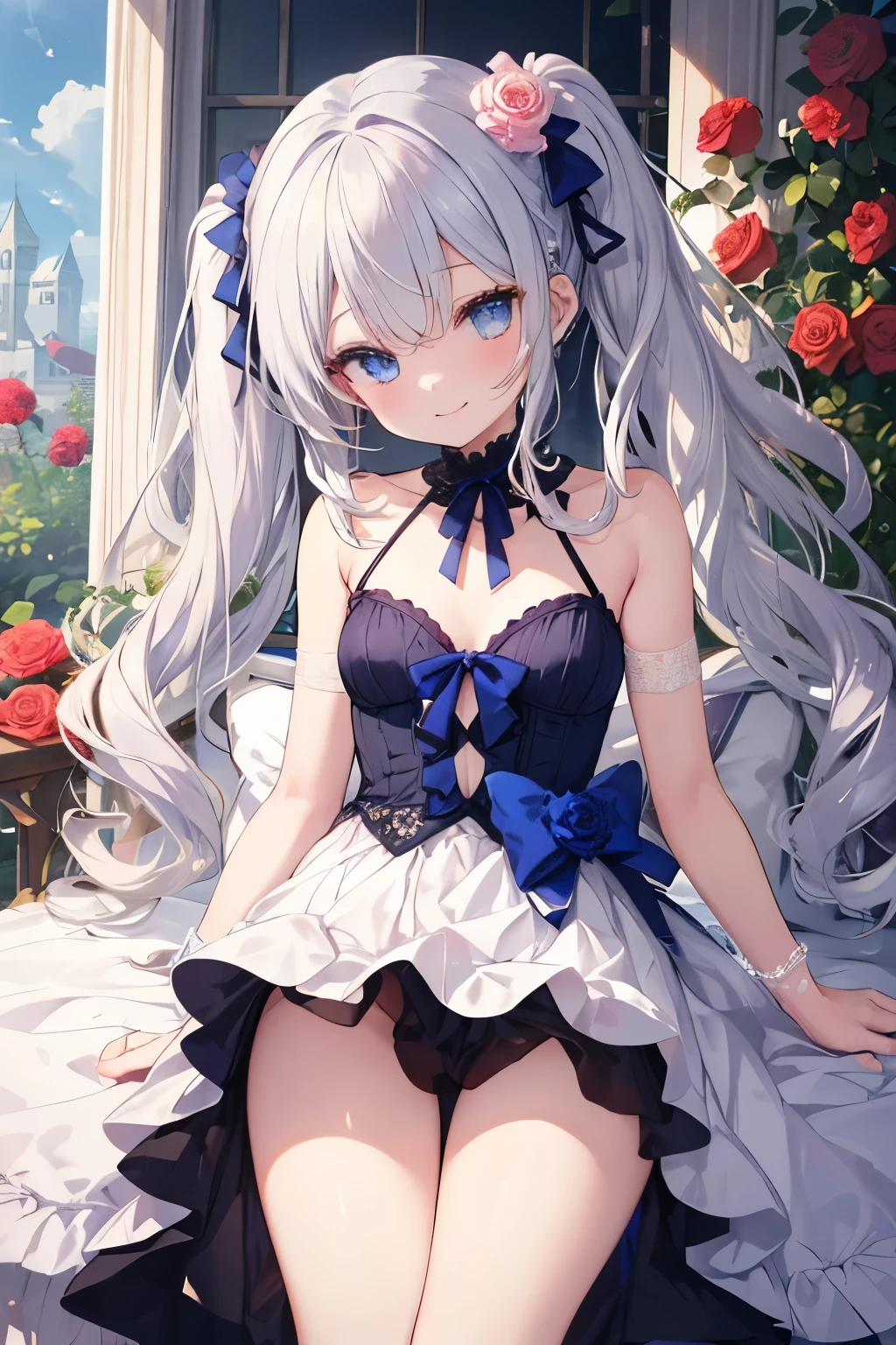 Silver Hair、Blue Eyes、girl、Small breasts、Twin tails、girl、Small breasts、Lolita、Bright smile、Looks about 、Petan Musume、He is short、目のhighlight、Sexy thighs、Rose Garden、Colorful roses in abundance、Mine-based costumes、Your eyes are so beautiful、highlight