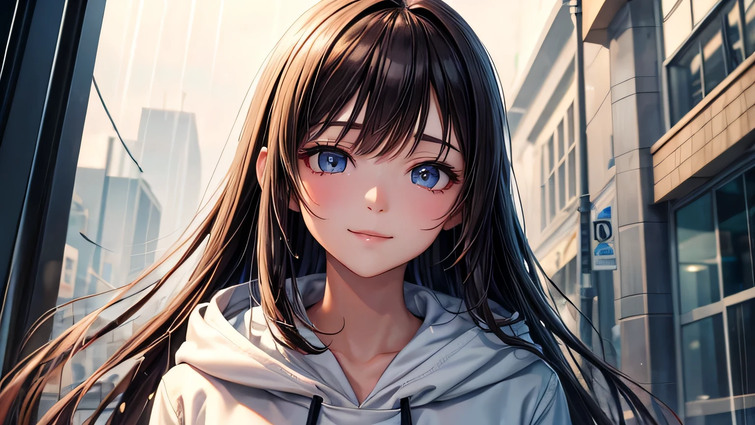 A gentle smile、woman、Beautiful long brown hair、White hoodie,Clothes that are wet from the rain and slightly transparent,office Street,rain,Weather,Ultra-high resolution, Accurate, Super detailed, Textured skin, High detail, highest quality, 8k, Detailed Hair,Detailed eyes,Focus on the face,