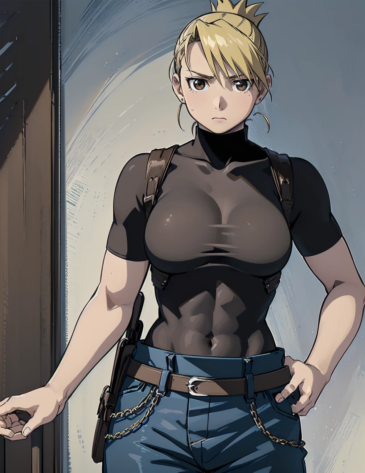 masterpiece, highest quality, High resolution, One Girl, Hamriz, ponytail, Brown eyes,big , Black Shirt, Tight shirt, holster, Short sleeve, belt, Covered navel, Blue pants,indoor、Upper body close-up、Muscular body、blush、Sweat、Composition from the front、anime、((cute、Stand in front、Look forward))