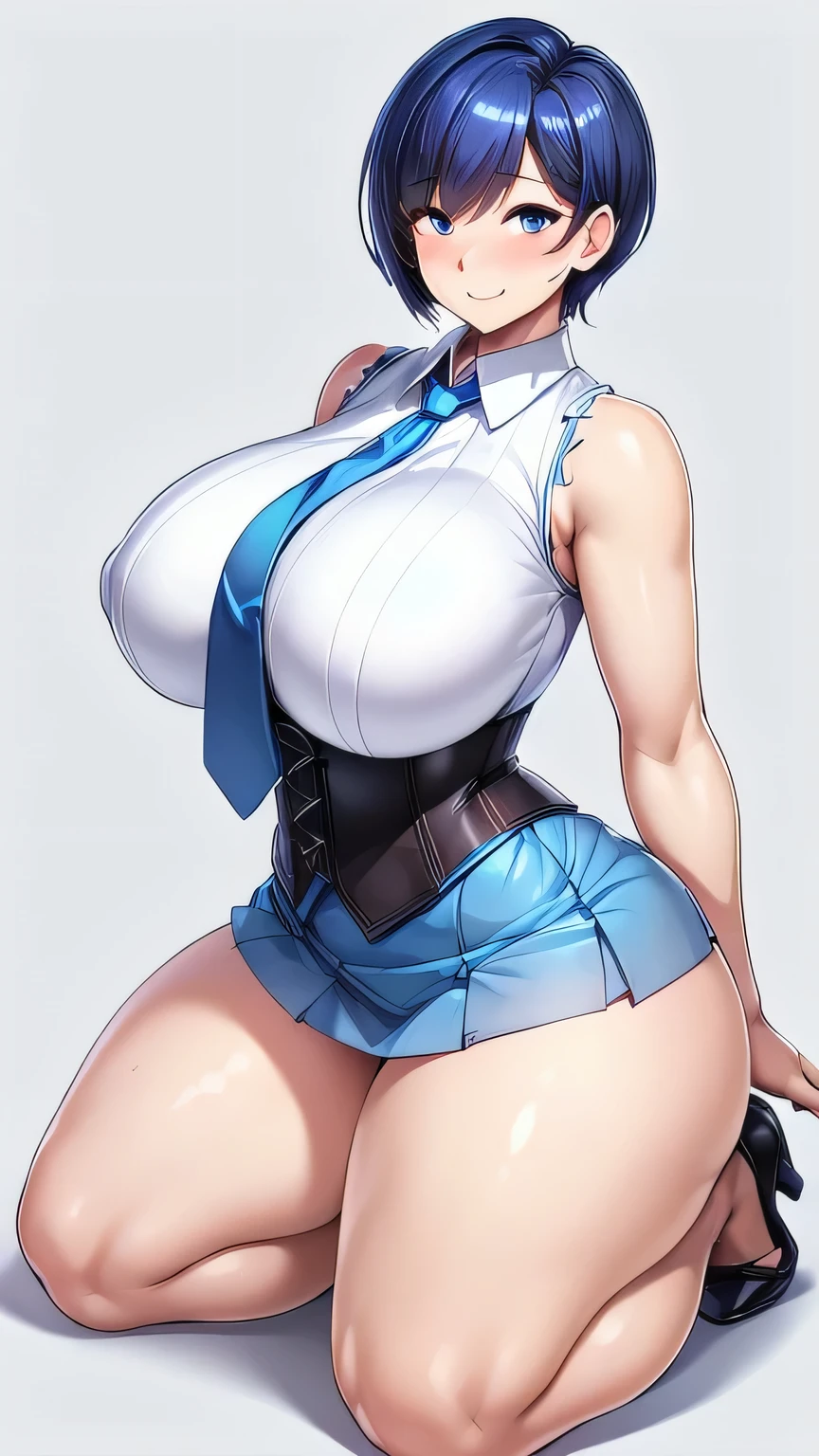 (high quality, High resolution, Fine details), ((simple white background)), sleeveless shirts, corset, blue miniskirt, blue necktie, alone, Curvaceous mature woman, fleshy, short hair, (voluptuous thighs, thick thighs), narrow waist, Sparkling eyes, (Fine grain:1.2), smile, blush, Sweat, Oily skin, [[from side]], full body,