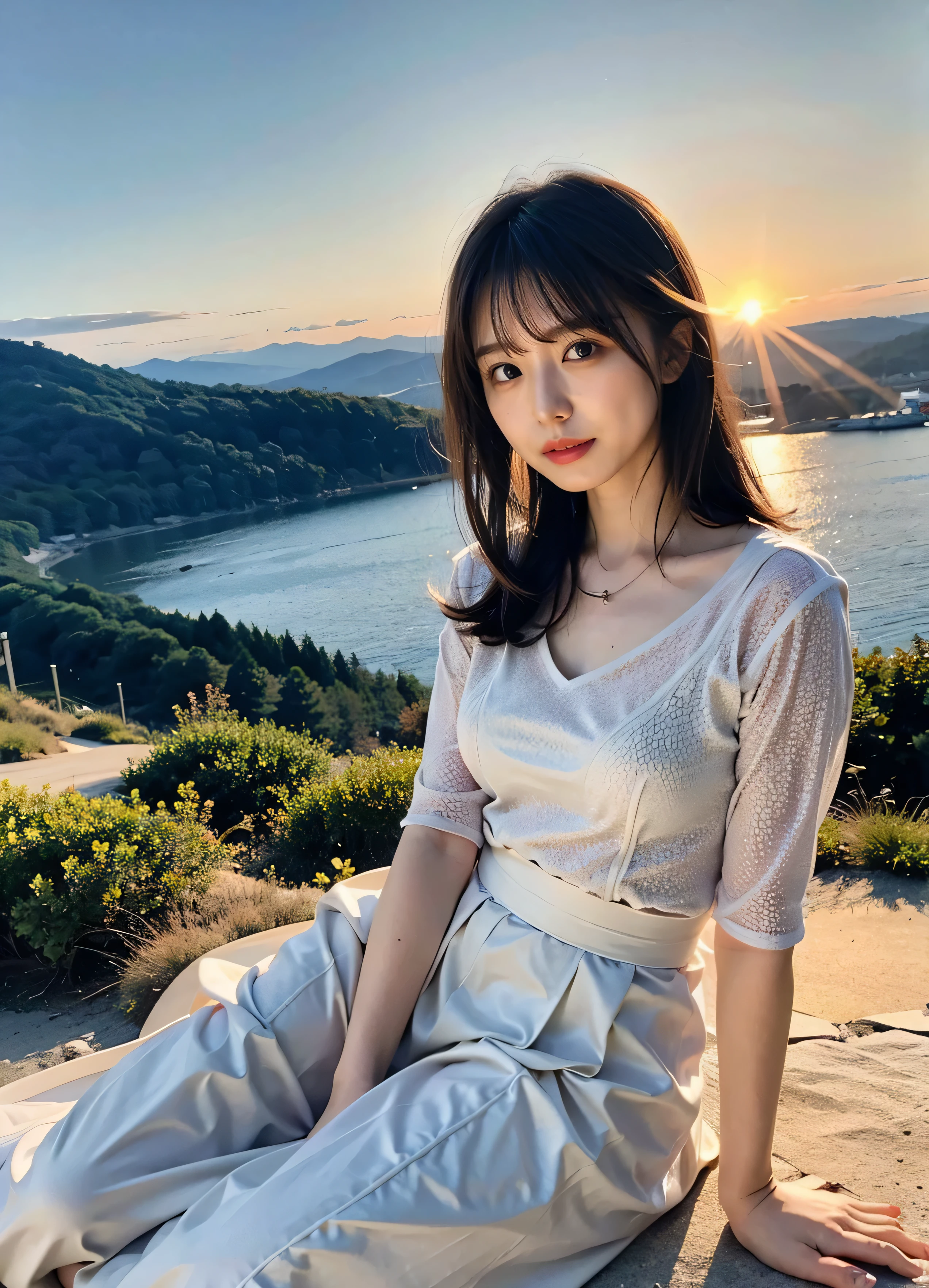 Woman sitting on a mountain top watching the sunset、The shining sun is very beautiful、Dusk Comes、Lens flare、I can see the sun setting、((The sunlight reflects off the lake、Ocean view、The sun is shining on the sea and it's beautiful.、Small earrings、It's evening、Birds are flying too、、Brown Hair Color、Tie your hair up、The woman is on the right、Background with a Cessna plane flying in the sky:1.4))、Luxurious leather belt、Glossy clothes、Light beige hair color、Background Blur、Braid only the front hair、Light brown hair、{{Cowgirl Shot}}、((Close-up shot from the waist up、Big Breasts:1.4))、Big Breasts、Smile、Silk clothing、Big Breasts that can be seen even through clothes、Braid only the front hair、Cowboy Shot、Gorgeous white collared silk shirt and brown skirt、Dress elegantly、Luxury Bags、A lovely smile、((Airplane in the background、I'm coming to the airport))、Full body photo、ring、Short skirt、Tuck your hair behind one ear、Silver Necklace、smile、 Elegant ponytail、Caustics、Highly detailed photos、Very beautiful and ideal short hair、Big Breasts、Super no makeup、(8k、RAW Photos、highest quality、masterpiece:1.2)、(Realistic、Realistic)、1 girl、((Big Breastedium Short Hair、Looking into the camera:1.4))、Hair blowing in the wind