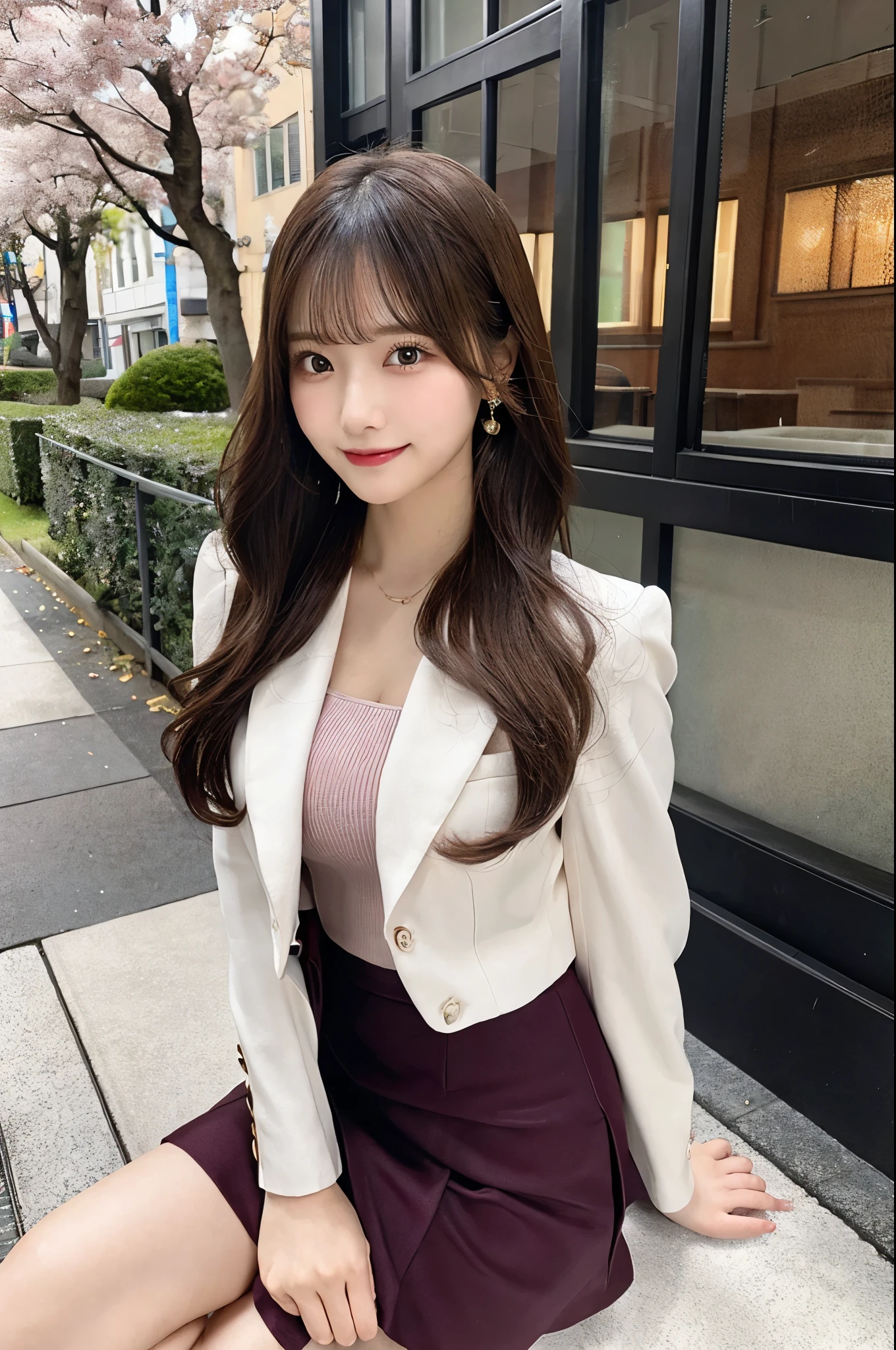 beauty secretary、office、Woman crossing legs、An unbuttoned cherry-colored jacket、（Brown Eyes、Double eyelids、Sparkling Eyes、Very beautifully detailed eyes）、Cherry blossom suit、Tight Skirt、Cleavage（Very large breasts、Very thin and long legs、Perfect figure、High heels、whole body、smile）、1 female、No makeup、Age 25、（masterpiece、8K,RAW Photos、High resolution:1.4）、window
