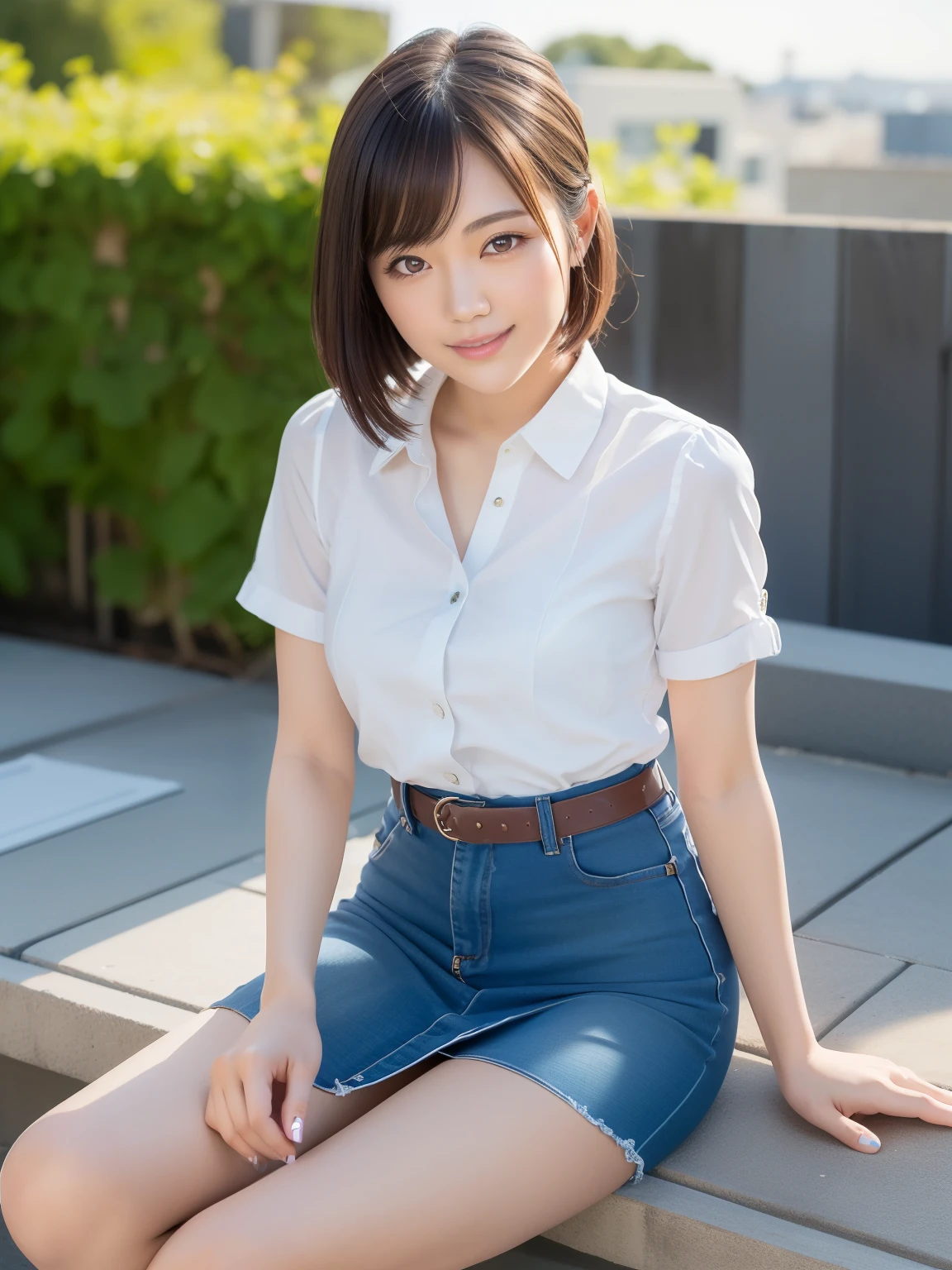 (Highest quality: 1.5), (Realistic: 1.5), (1 person: 1.5), Highly detailed, High resolution, 8k, slightly saggy medium breasts, Natural colored lips, Cute smile, Japanese woman, 20 year old girl, beautiful and graceful features, perfect and beautiful face, balanced big eyes, brunette eyes, beautiful and graceful features, natural double eyelids, natural bangs, beautiful thin nose, beautiful skin, medium bob hair , natural bangs , perfect and beautiful face, slim face and figure, blue summer sky, socks, (looking at the camera with a sweet smile), bright lighting, professional lighting, forward lighting, beautiful legs: 1.2, smooth skin, slender body, slim waistline, slim thin thighs, cleavage, detailed clothes, micro mini skirt, special week \(umamusume\), special week uniform, special_week_\(Umamusume)、 sit on the roof ,
