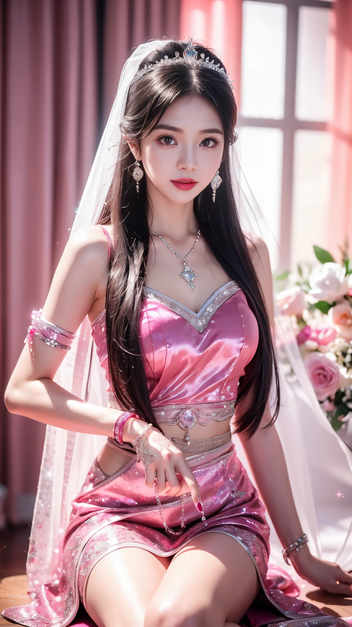 4K, UHD, masterpeice, 1 girl, good face, happy face, ((white skin)), detailed eyes, detailed lipstick, very long hair, straight hair, very long hair, beautiful hair, hair ornaments, hairband, gradient hair, ((magenta stocking)), ((princess clothing)), ((decorated clothing)), ((sardine)), ((sparkle clothing)), ((magenta lace)), ((diamond bracelet)), ((pendant)), ornaments, necklace, earring, high lighting, ((in the wedding stage)), fujicolor, depth of field, ray tracing, ultra realistic detailes,