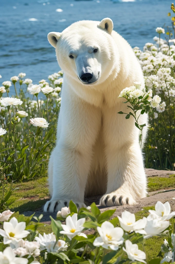 Polar bear offering flowers