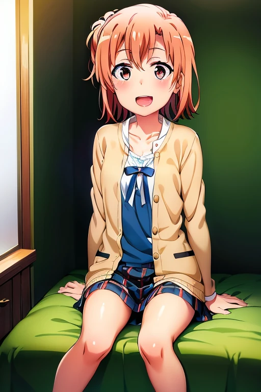 ((highest quality)), ((masterpiece)), (be familiar with), Perfect Face, indoor, Bedroom, Watching the audience,
One woman, Yuigahama Yui,
Open Mouth, Ecstatic expression, blush, smile,
Small breasts, Flat Chest, Young Girl, , , Girl,
Short Hair, Salmon-colored hair, Salmon-colored eyes, Side Pony,
Leg spread,